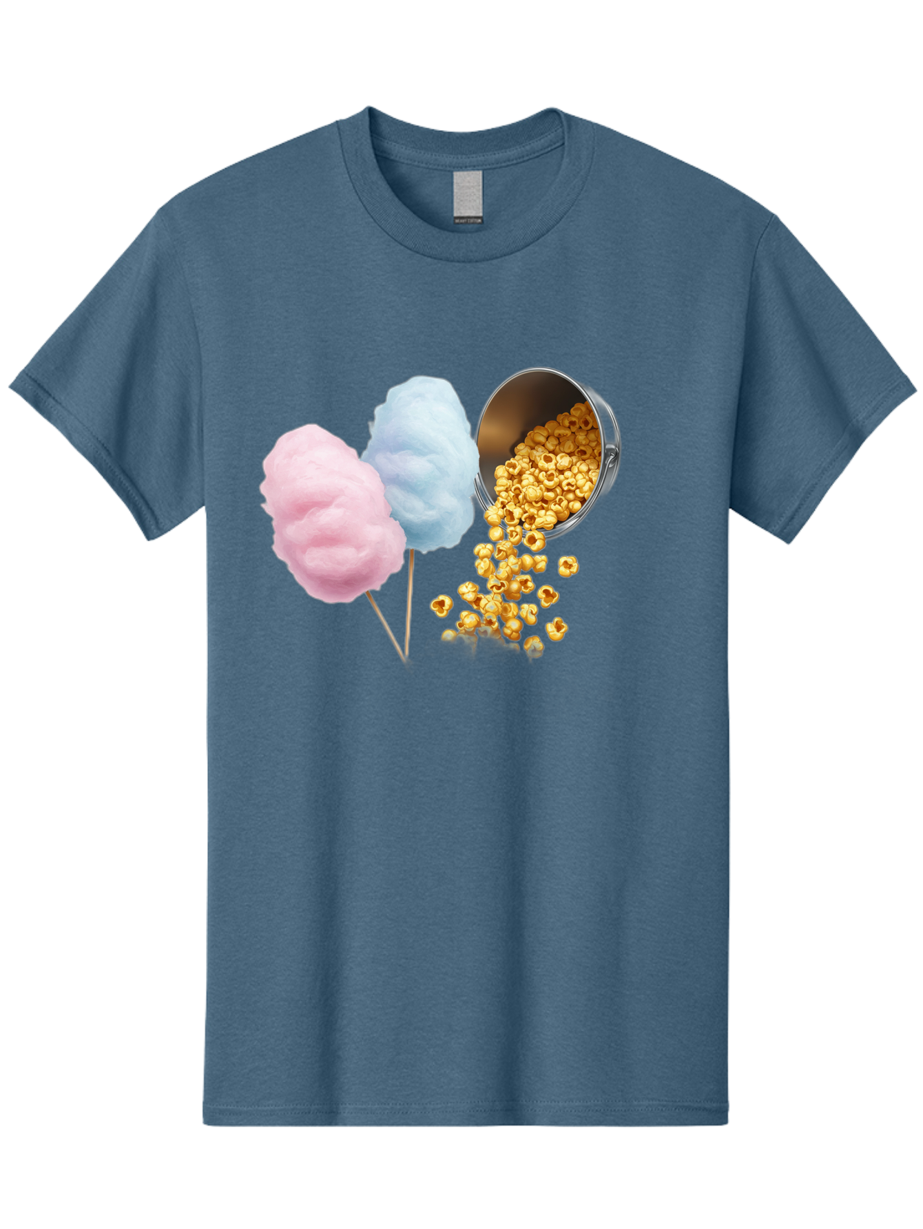 Caramel-Popcorn-And-Cotton-Candy Men'S Graphic Tee, 100% Cotton, Comfortable Casual Summer Wear, Machine Washable, Cotton Candy, Caramel Popcorn, Sweet Treats, Fair Food, Party Snacks, Tasty Delights, Fluffy Cotton Candy, Sticky Caramel, Bac782