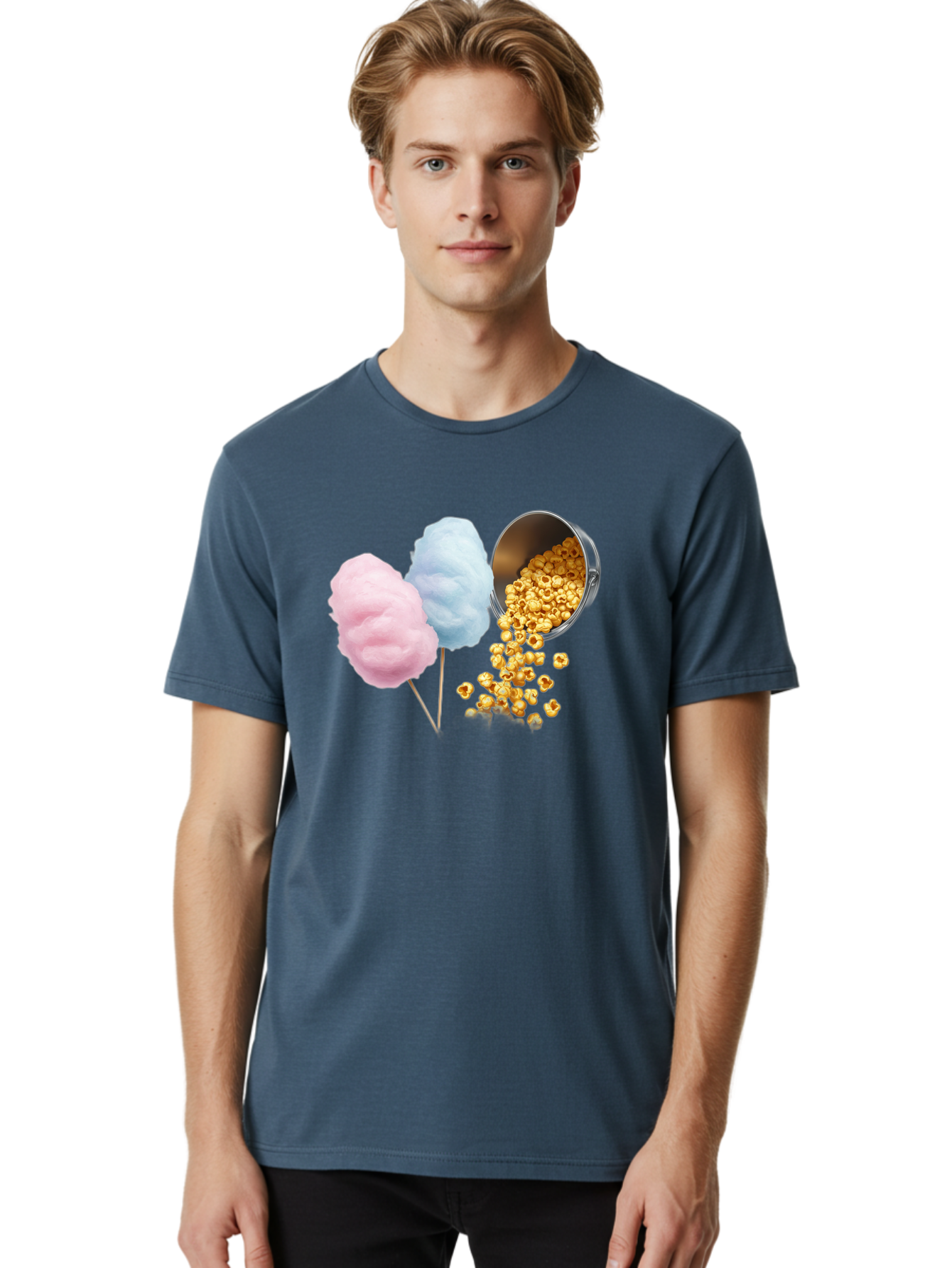 Caramel-Popcorn-And-Cotton-Candy Men'S Graphic Tee, 100% Cotton, Comfortable Casual Summer Wear, Machine Washable, Cotton Candy, Caramel Popcorn, Sweet Treats, Fair Food, Party Snacks, Tasty Delights, Fluffy Cotton Candy, Sticky Caramel, Bac782
