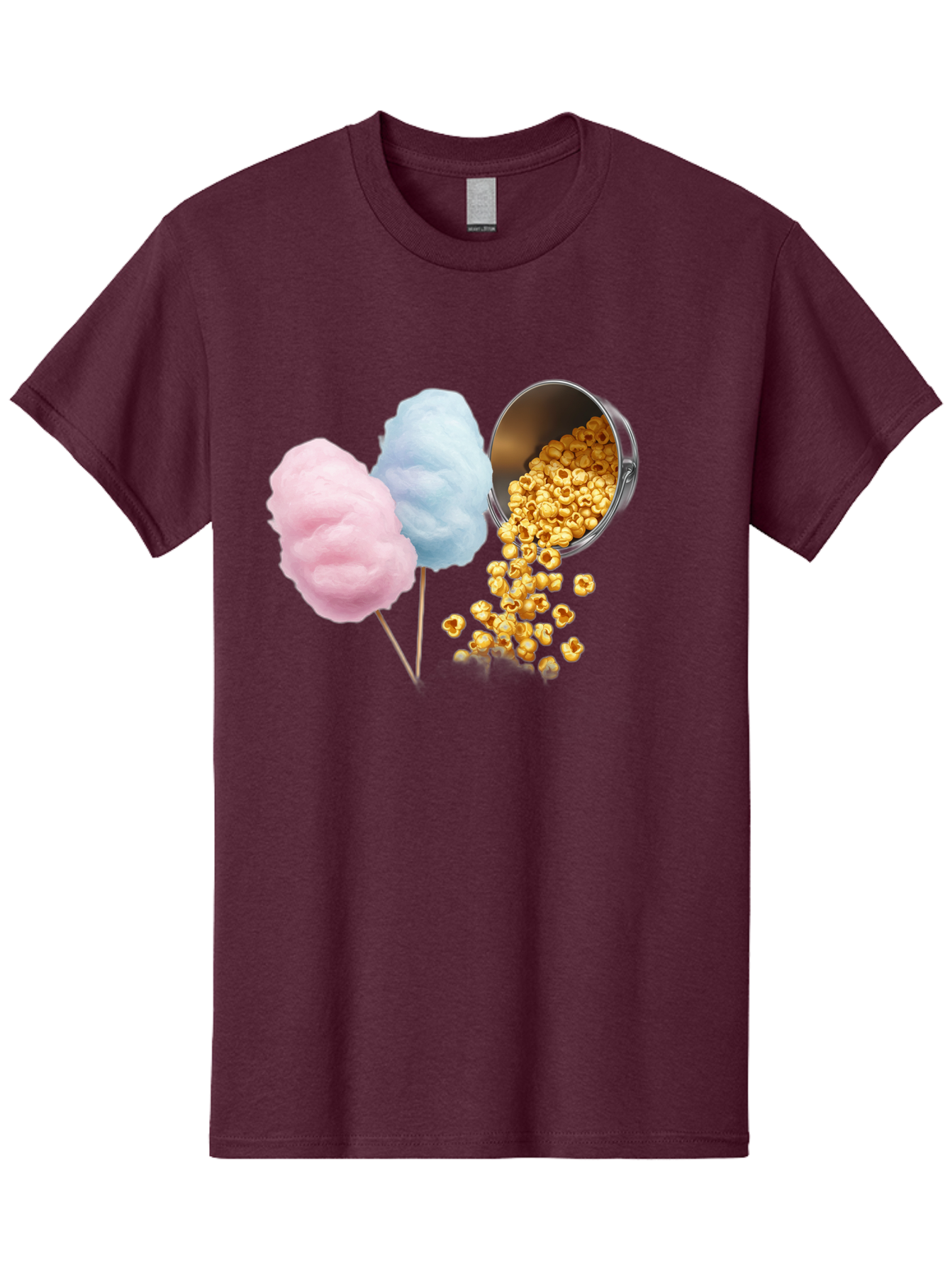 Caramel-Popcorn-And-Cotton-Candy Men'S Graphic Tee, 100% Cotton, Comfortable Casual Summer Wear, Machine Washable, Cotton Candy, Caramel Popcorn, Sweet Treats, Fair Food, Party Snacks, Tasty Delights, Fluffy Cotton Candy, Sticky Caramel, Bac782