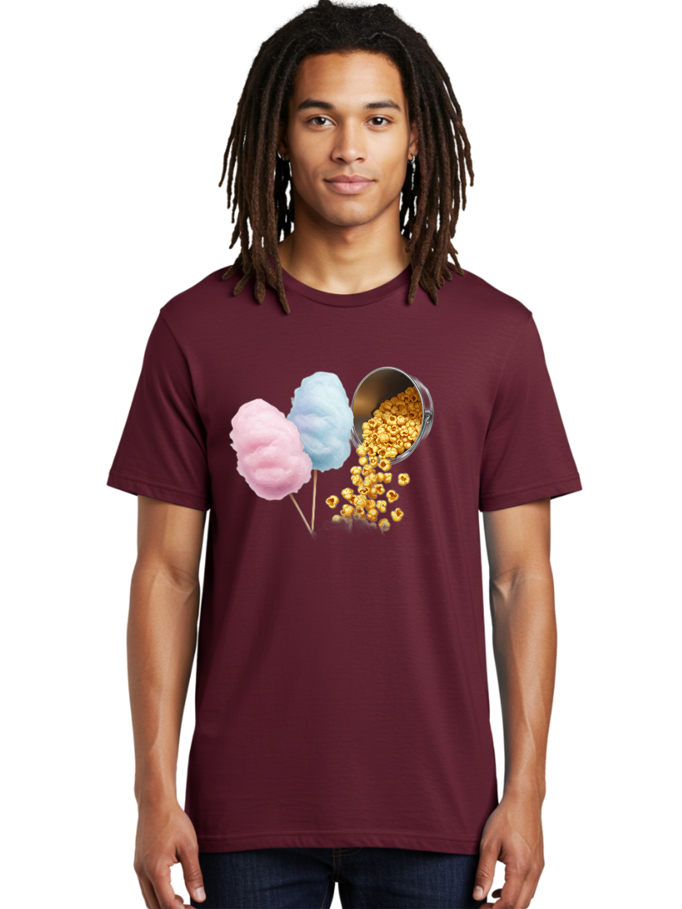 Caramel-Popcorn-And-Cotton-Candy Men'S Graphic Tee, 100% Cotton, Comfortable Casual Summer Wear, Machine Washable, Cotton Candy, Caramel Popcorn, Sweet Treats, Fair Food, Party Snacks, Tasty Delights, Fluffy Cotton Candy, Sticky Caramel, Bac782