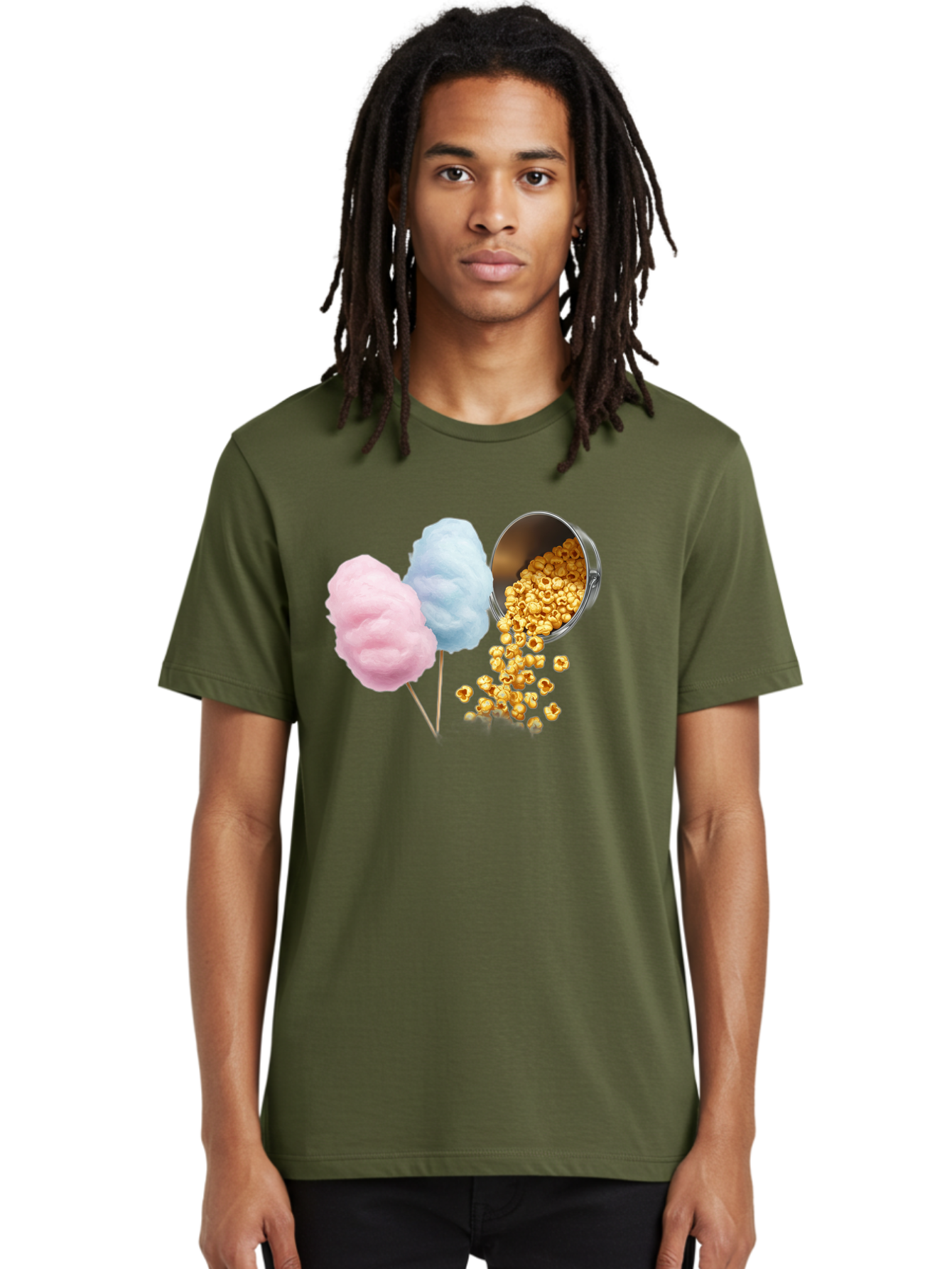 Caramel-Popcorn-And-Cotton-Candy Men'S Graphic Tee, 100% Cotton, Comfortable Casual Summer Wear, Machine Washable, Cotton Candy, Caramel Popcorn, Sweet Treats, Fair Food, Party Snacks, Tasty Delights, Fluffy Cotton Candy, Sticky Caramel, Bac782