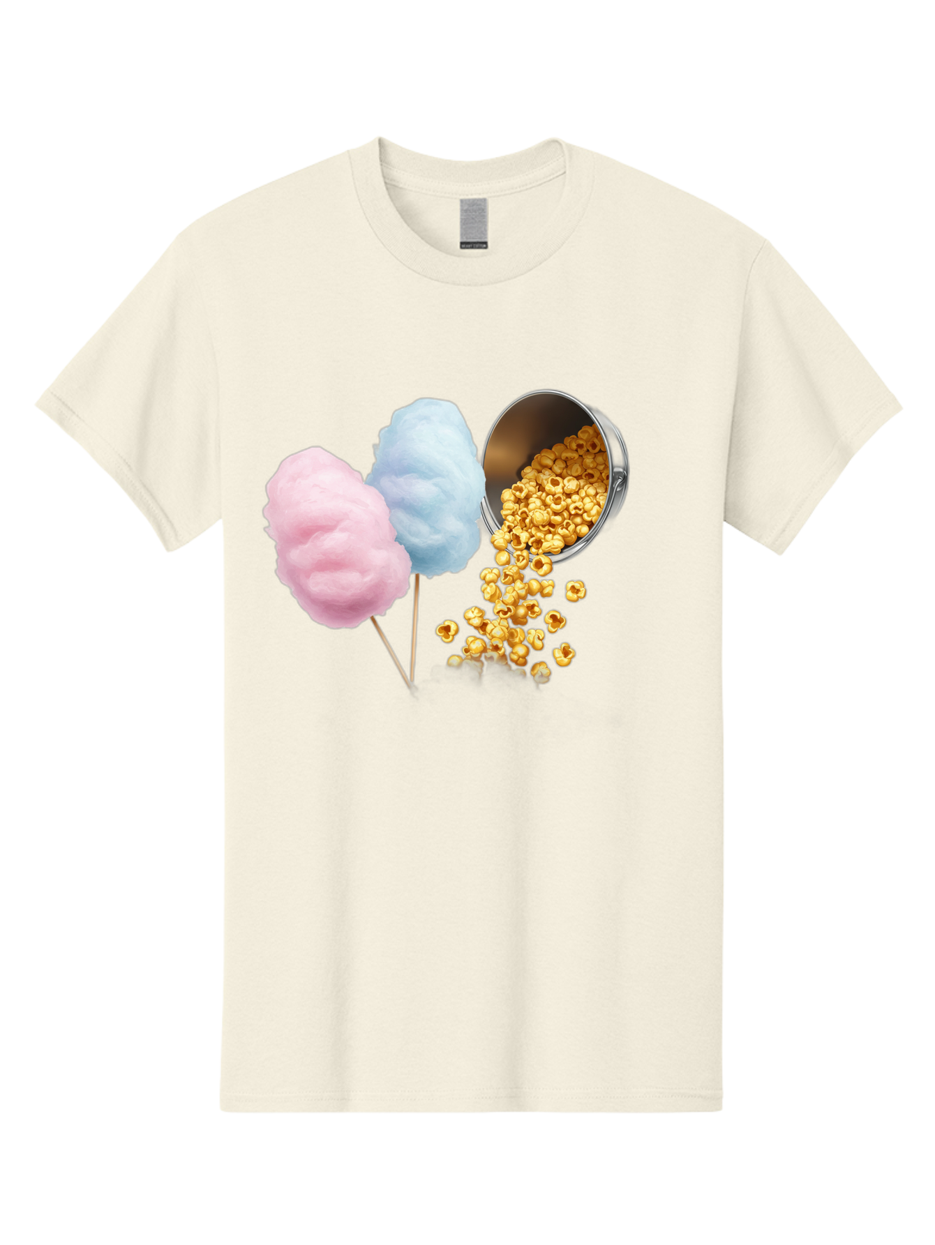 Caramel-Popcorn-And-Cotton-Candy Men'S Graphic Tee, 100% Cotton, Comfortable Casual Summer Wear, Machine Washable, Cotton Candy, Caramel Popcorn, Sweet Treats, Fair Food, Party Snacks, Tasty Delights, Fluffy Cotton Candy, Sticky Caramel, Bac782