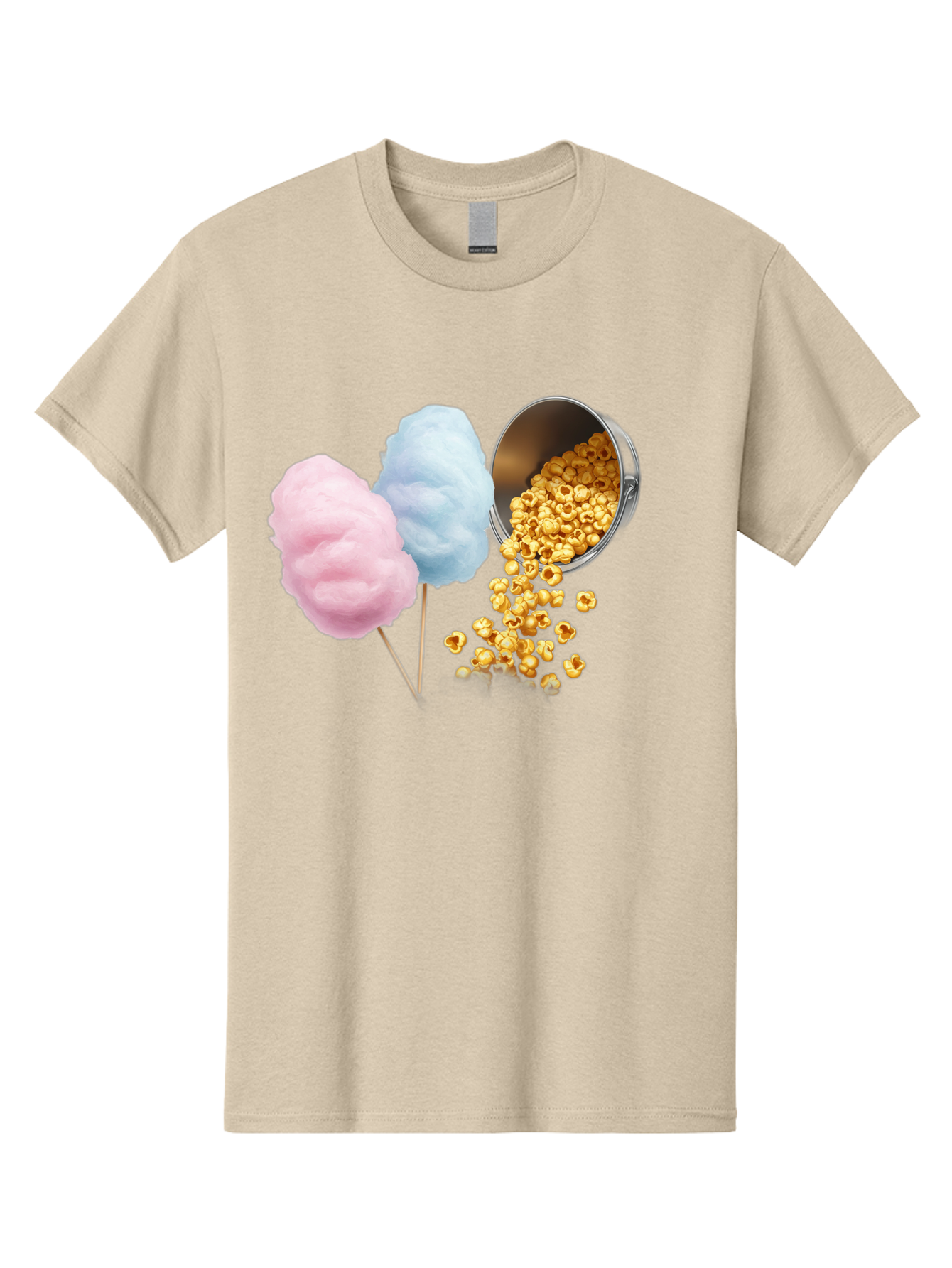 Caramel-Popcorn-And-Cotton-Candy Men'S Graphic Tee, 100% Cotton, Comfortable Casual Summer Wear, Machine Washable, Cotton Candy, Caramel Popcorn, Sweet Treats, Fair Food, Party Snacks, Tasty Delights, Fluffy Cotton Candy, Sticky Caramel, Bac782