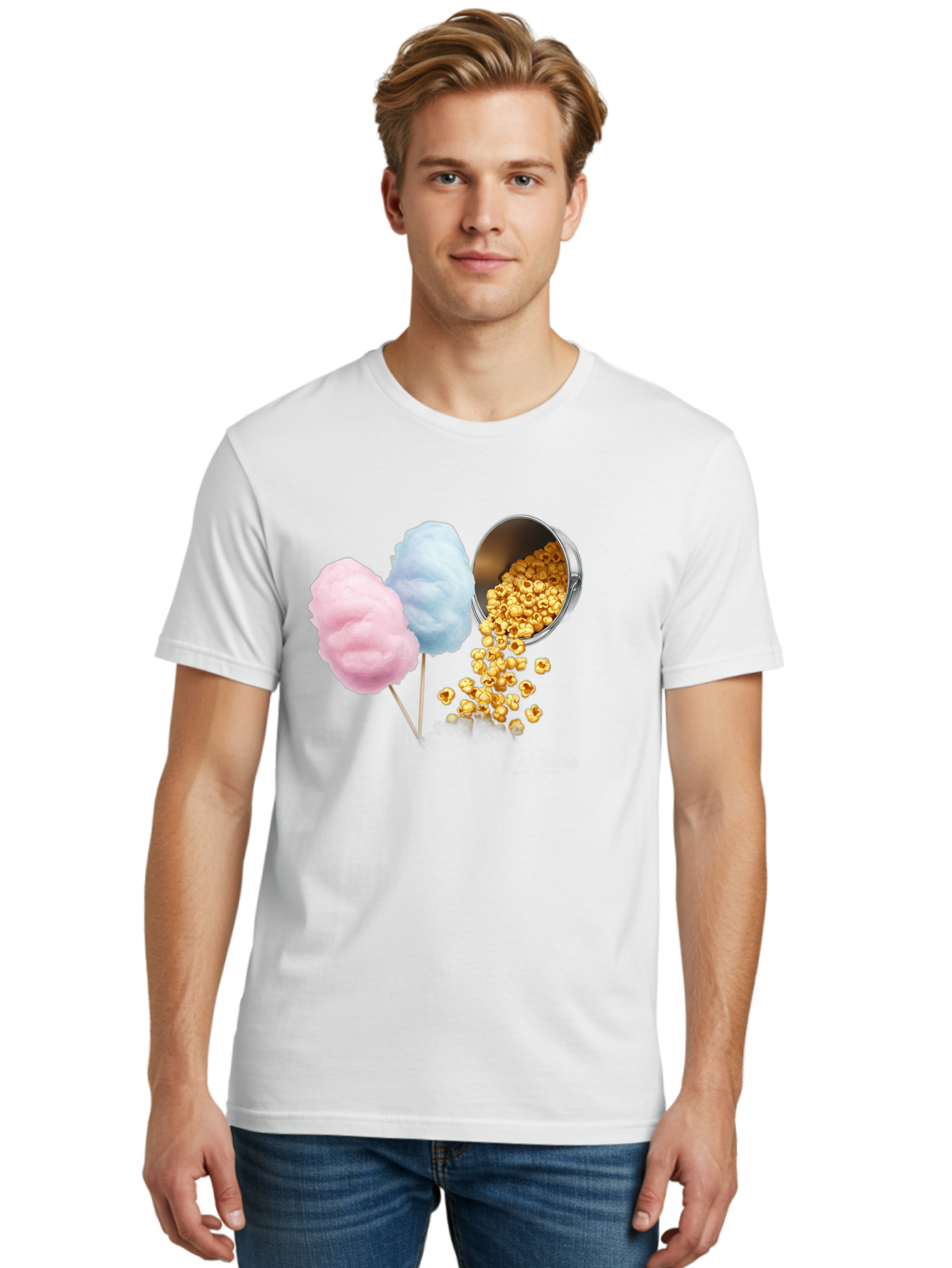 Caramel-Popcorn-And-Cotton-Candy Men'S Graphic Tee, 100% Cotton, Comfortable Casual Summer Wear, Machine Washable, Cotton Candy, Caramel Popcorn, Sweet Treats, Fair Food, Party Snacks, Tasty Delights, Fluffy Cotton Candy, Sticky Caramel, Bac782