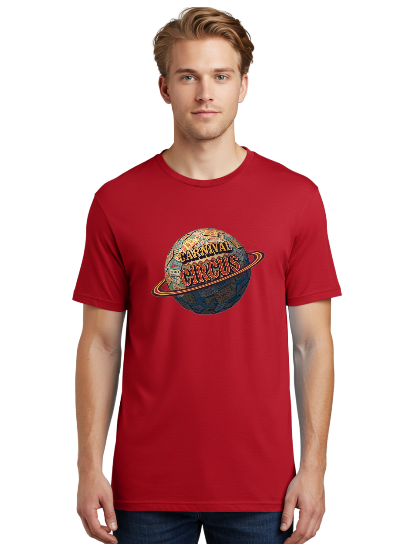 Carnival-Circus-1 Men'S Graphic Tee, 100% Cotton, Comfortable Casual Summer Wear, Machine Washable, Carnival Circus, Earth With Ring, Vintage Posters, Global Celebration, Festive Atmosphere, Entertainment, Travel, Adventure, Event Promotion Bac783