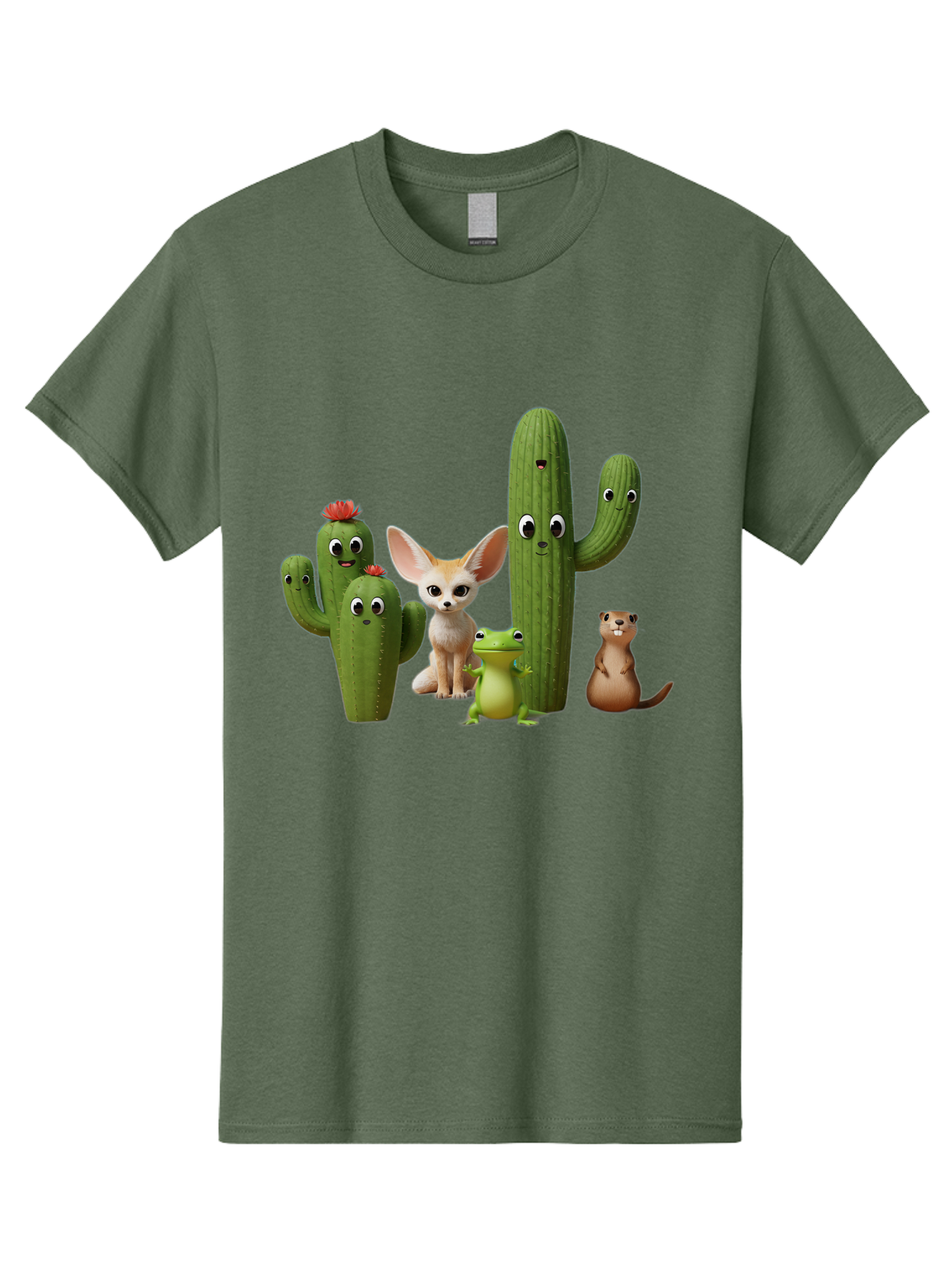 Cartoon-Cactus-And-Animals Men'S Graphic Tee, 100% Cotton, Comfortable Casual Summer Wear, Machine Washable, Cartoon Cacti, 3D Illustration, Desert Animals, Cute Wildlife, Digital Artwork, Funny Characters, Cartoon Characters, Cactus Friends, Bac788