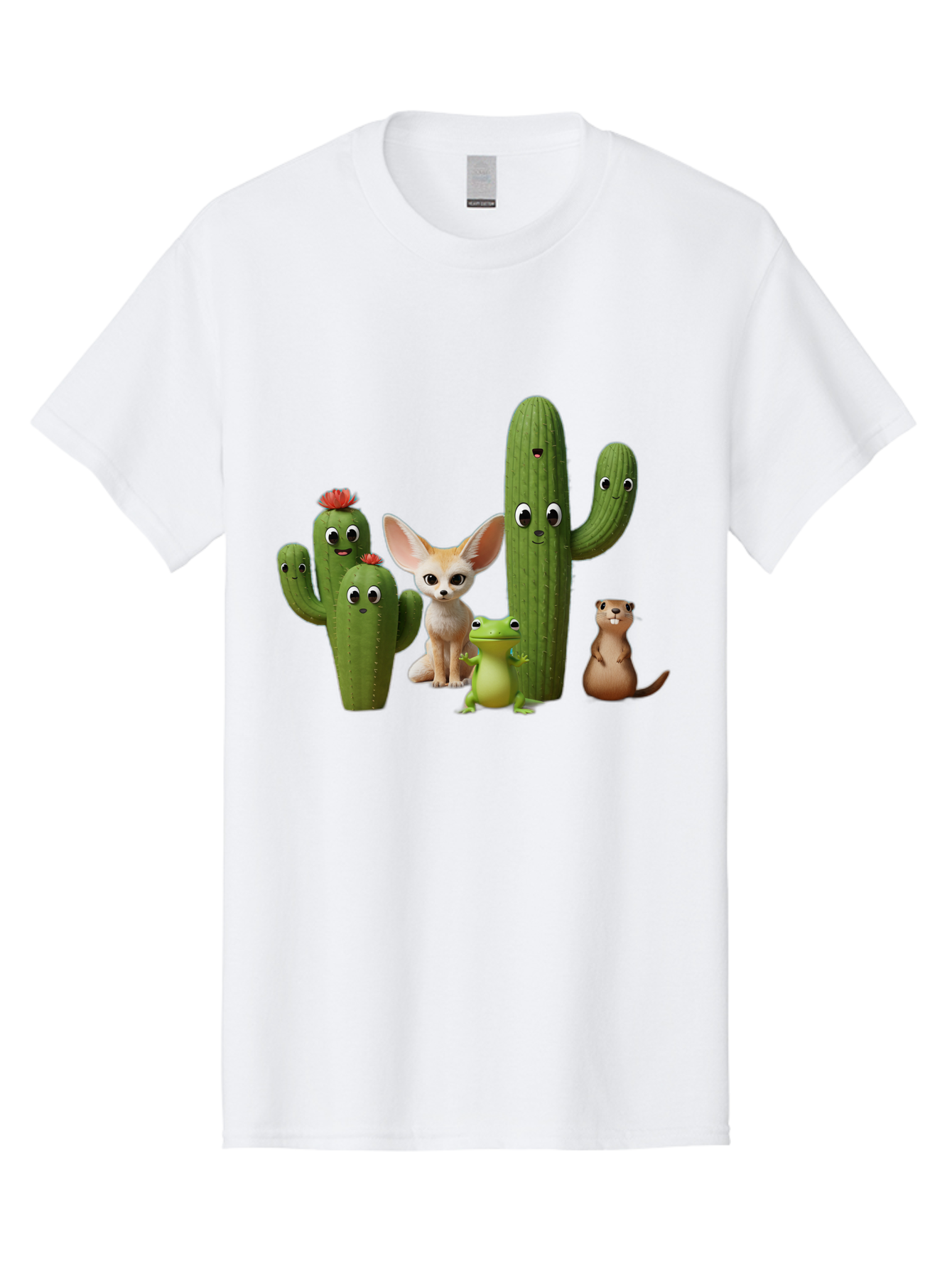 Cartoon-Cactus-And-Animals Men'S Graphic Tee, 100% Cotton, Comfortable Casual Summer Wear, Machine Washable, Cartoon Cacti, 3D Illustration, Desert Animals, Cute Wildlife, Digital Artwork, Funny Characters, Cartoon Characters, Cactus Friends, Bac788