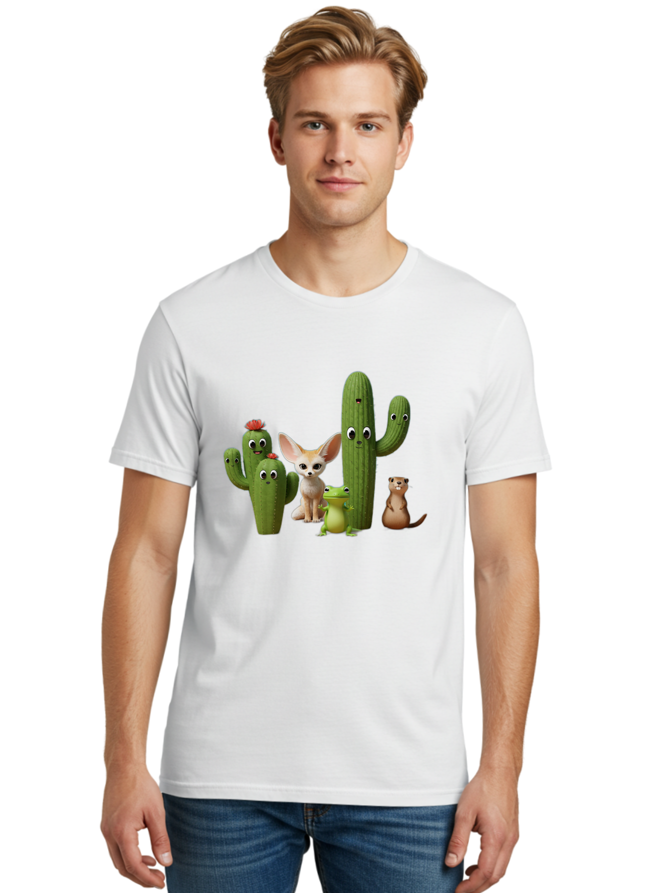 Cartoon-Cactus-And-Animals Men'S Graphic Tee, 100% Cotton, Comfortable Casual Summer Wear, Machine Washable, Cartoon Cacti, 3D Illustration, Desert Animals, Cute Wildlife, Digital Artwork, Funny Characters, Cartoon Characters, Cactus Friends, Bac788