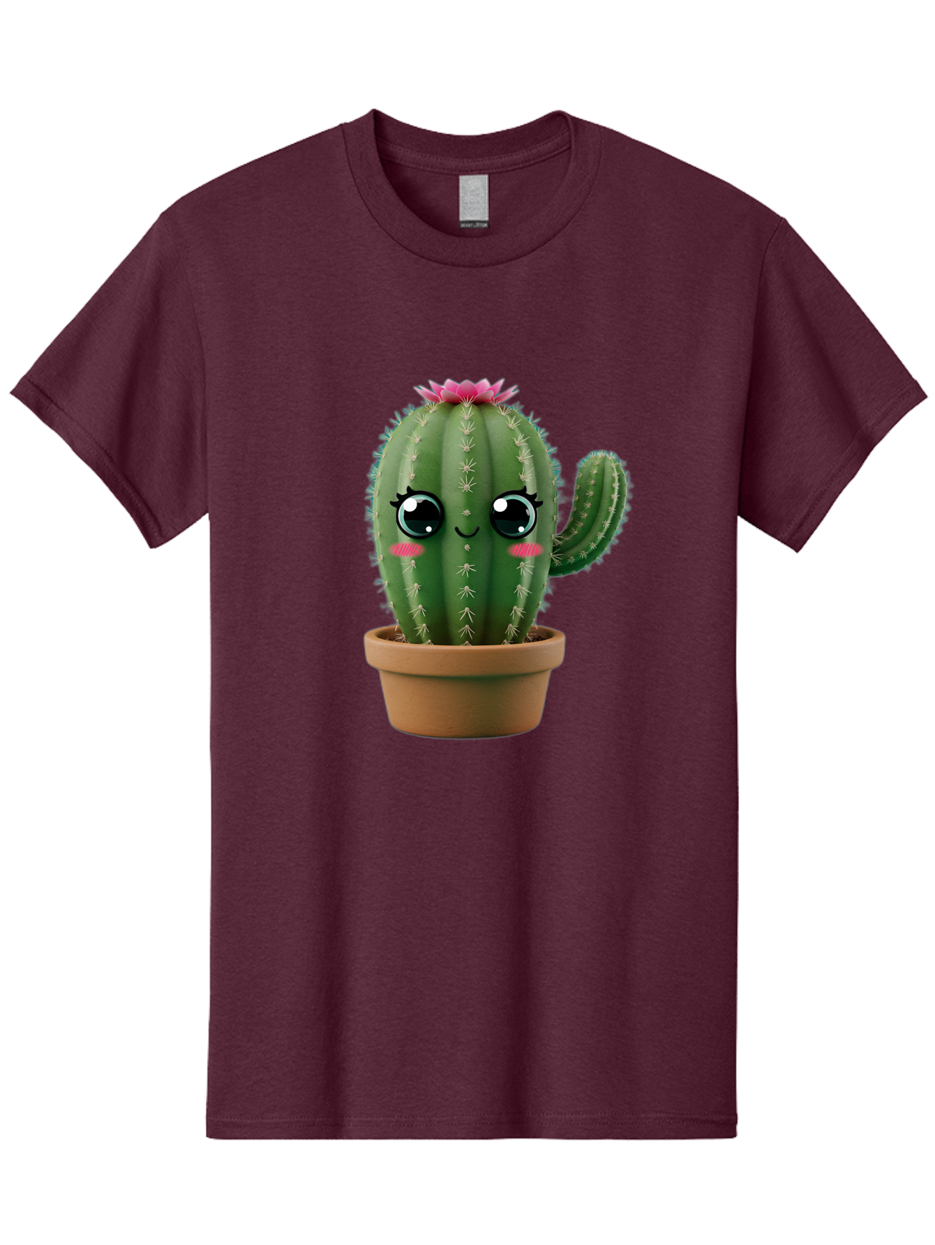 Cartoon-Cactus Men'S Graphic Tee, 100% Cotton, Comfortable Casual Summer Wear, Machine Washable, Cartoon Cactus, Potted Plant, Cute Desert Flora, Green Spiky Texture, Pink Flower, Smiling Face, Rosy Cheeks, Terracotta Pot, Kawaii Character, Bac789