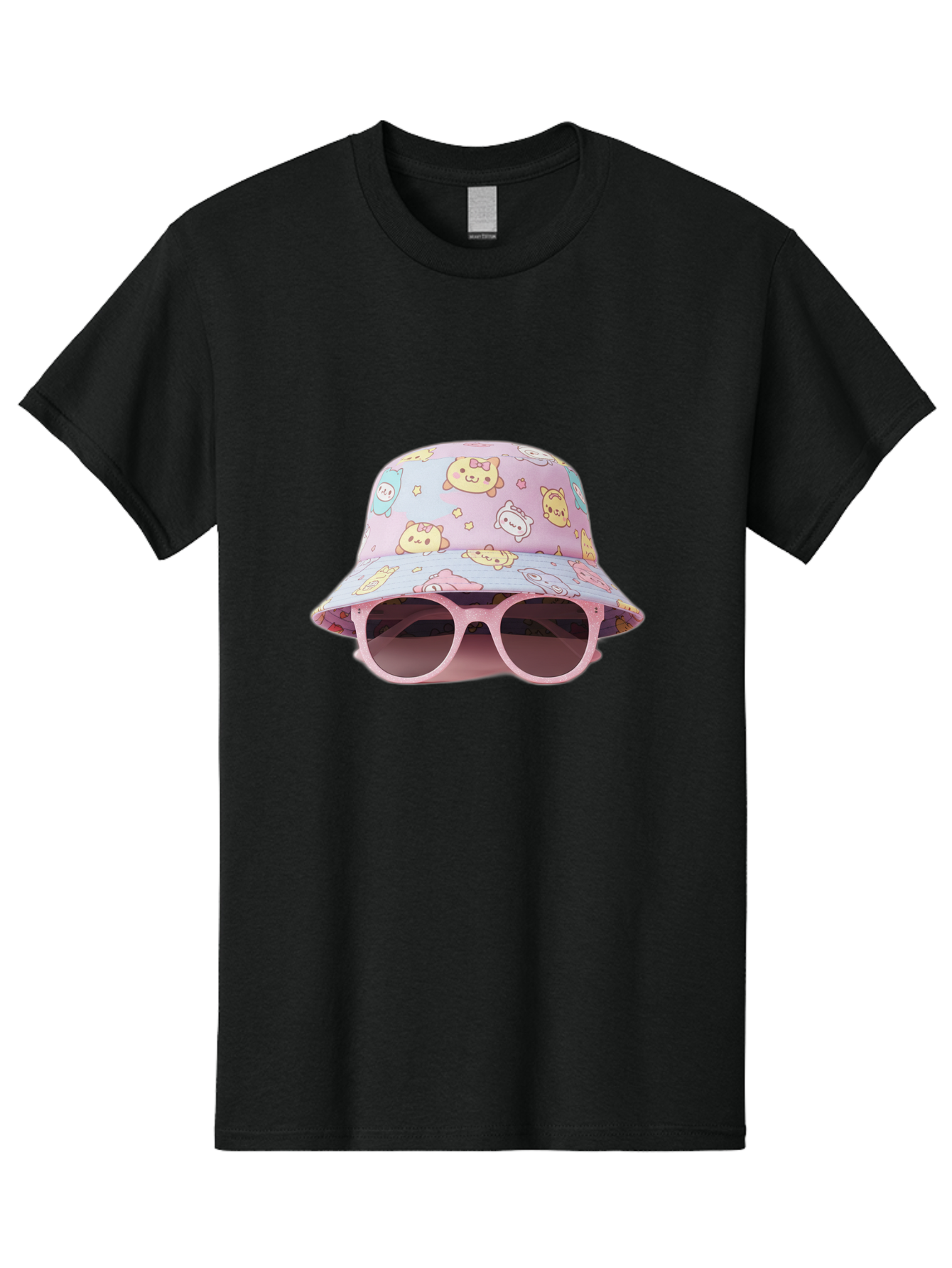 Cartoon-Character-Bucket-Hat Men'S Graphic Tee, 100% Cotton, Comfortable Casual Summer Wear, Machine Washable, Pastel-Colored Hat, Cartoon Characters, Kawaii Fashion, Pink Sunglasses, Trendy Accessories, Cute Design, Fashion Statement, Bac790
