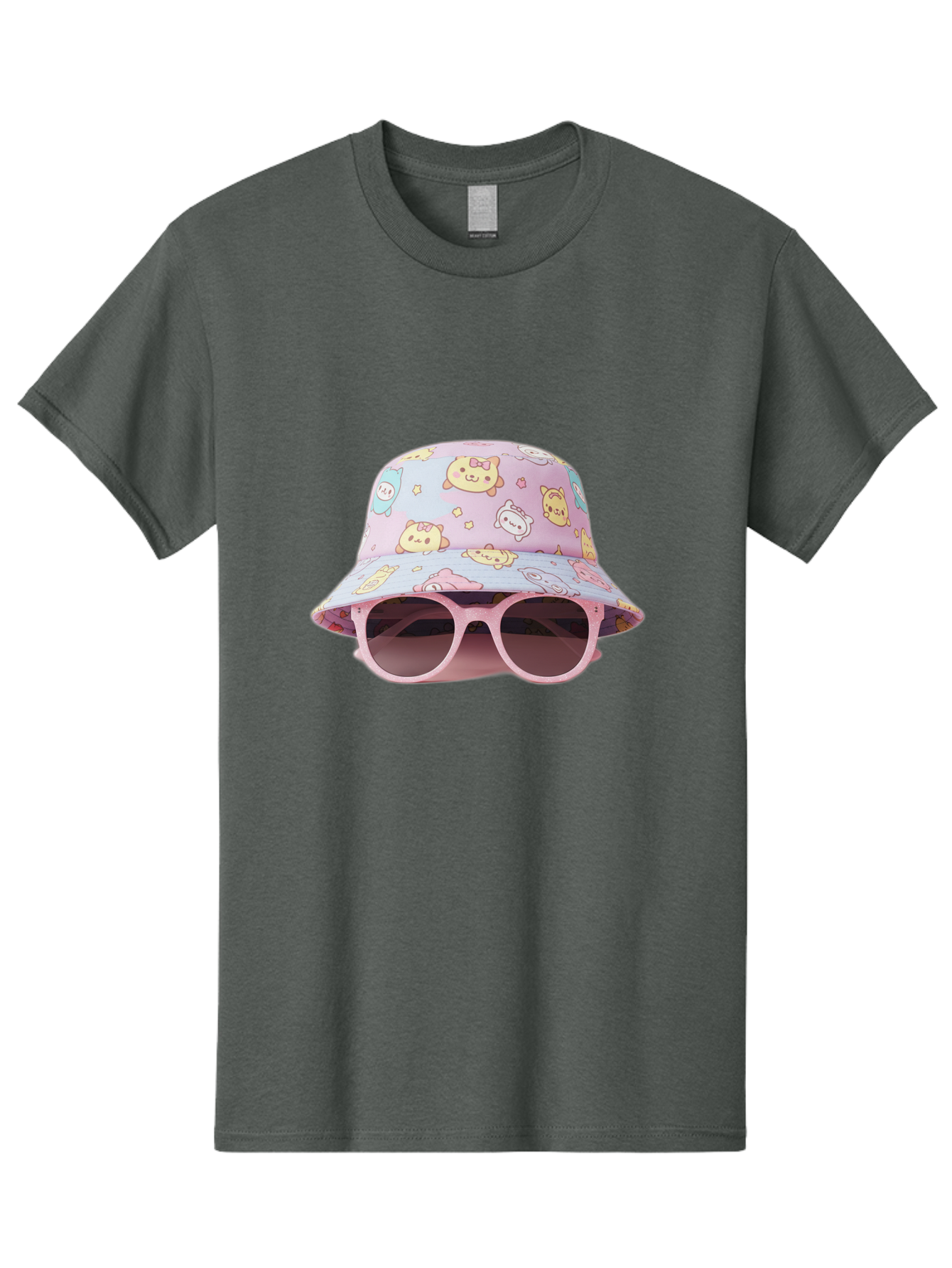 Cartoon-Character-Bucket-Hat Men'S Graphic Tee, 100% Cotton, Comfortable Casual Summer Wear, Machine Washable, Pastel-Colored Hat, Cartoon Characters, Kawaii Fashion, Pink Sunglasses, Trendy Accessories, Cute Design, Fashion Statement, Bac790