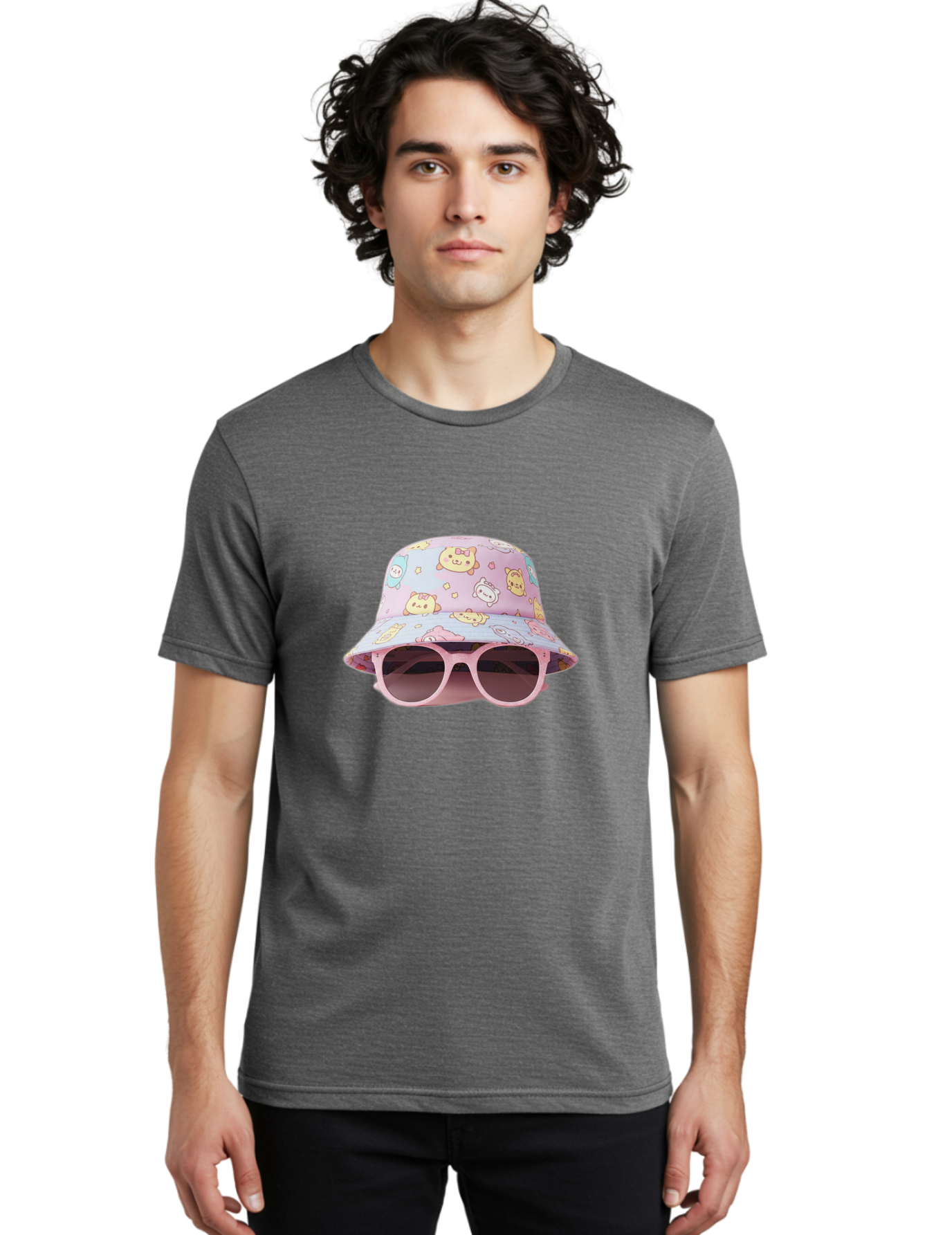 Cartoon-Character-Bucket-Hat Men'S Graphic Tee, 100% Cotton, Comfortable Casual Summer Wear, Machine Washable, Pastel-Colored Hat, Cartoon Characters, Kawaii Fashion, Pink Sunglasses, Trendy Accessories, Cute Design, Fashion Statement, Bac790