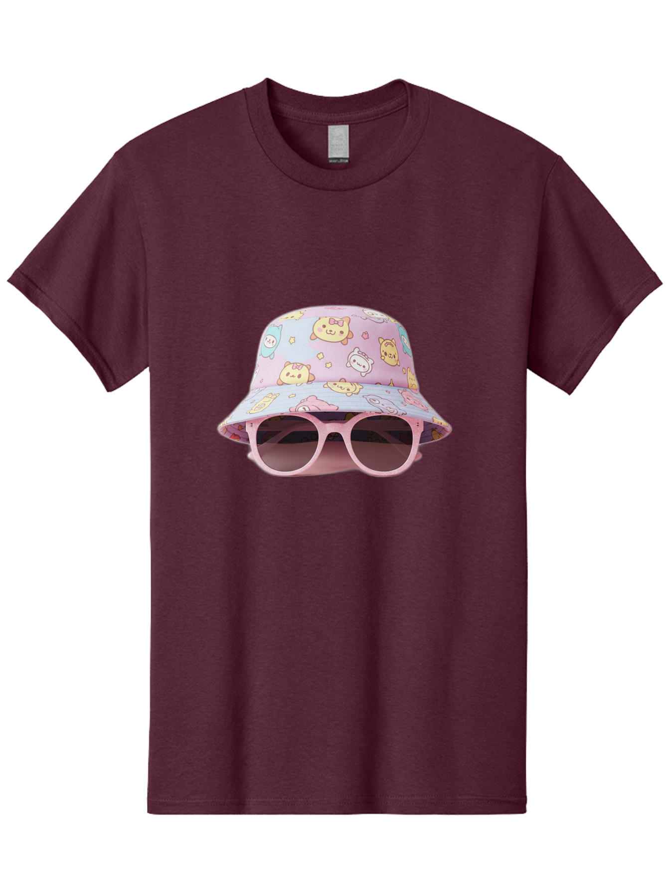 Cartoon-Character-Bucket-Hat Men'S Graphic Tee, 100% Cotton, Comfortable Casual Summer Wear, Machine Washable, Pastel-Colored Hat, Cartoon Characters, Kawaii Fashion, Pink Sunglasses, Trendy Accessories, Cute Design, Fashion Statement, Bac790