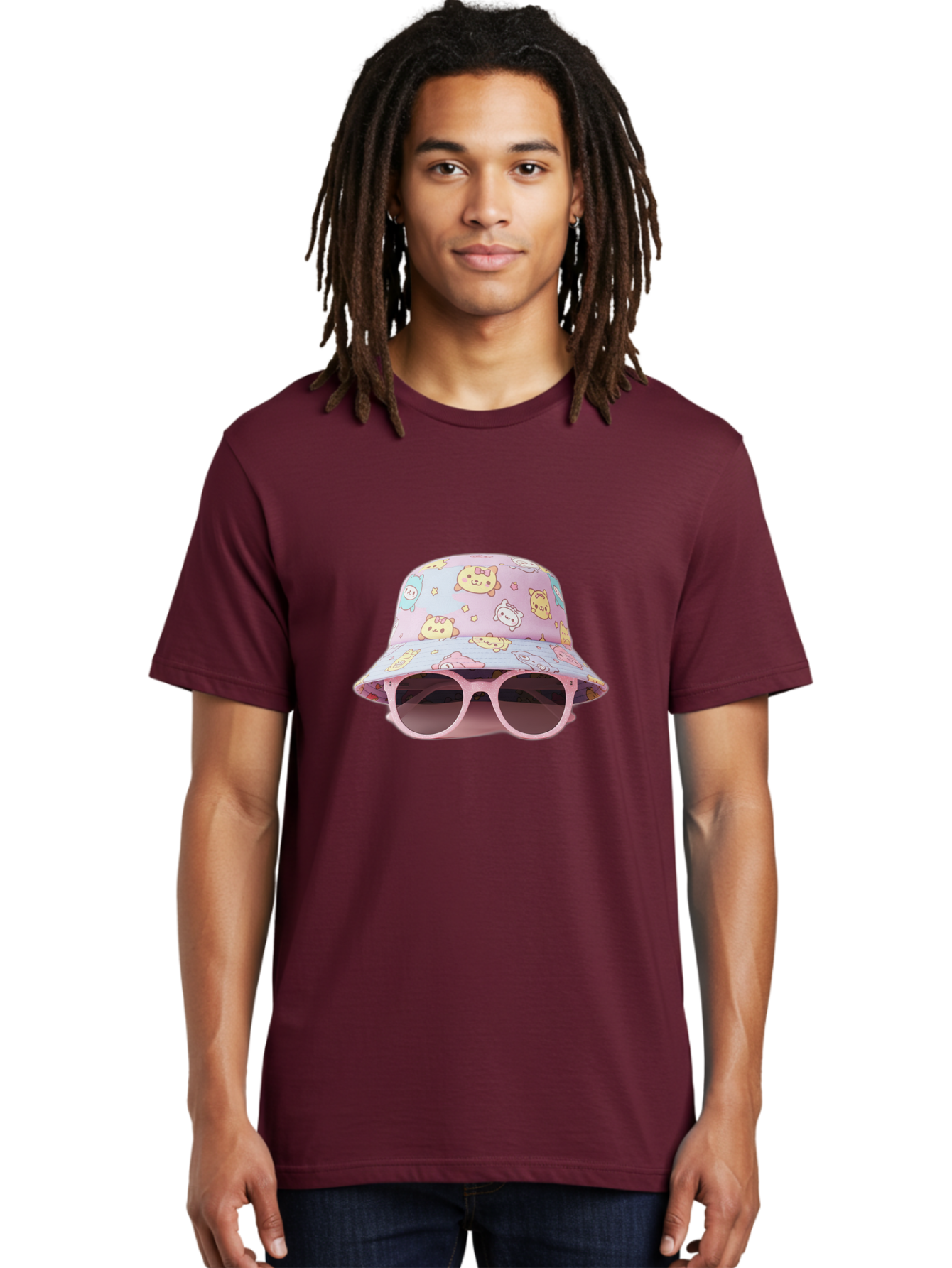 Cartoon-Character-Bucket-Hat Men'S Graphic Tee, 100% Cotton, Comfortable Casual Summer Wear, Machine Washable, Pastel-Colored Hat, Cartoon Characters, Kawaii Fashion, Pink Sunglasses, Trendy Accessories, Cute Design, Fashion Statement, Bac790