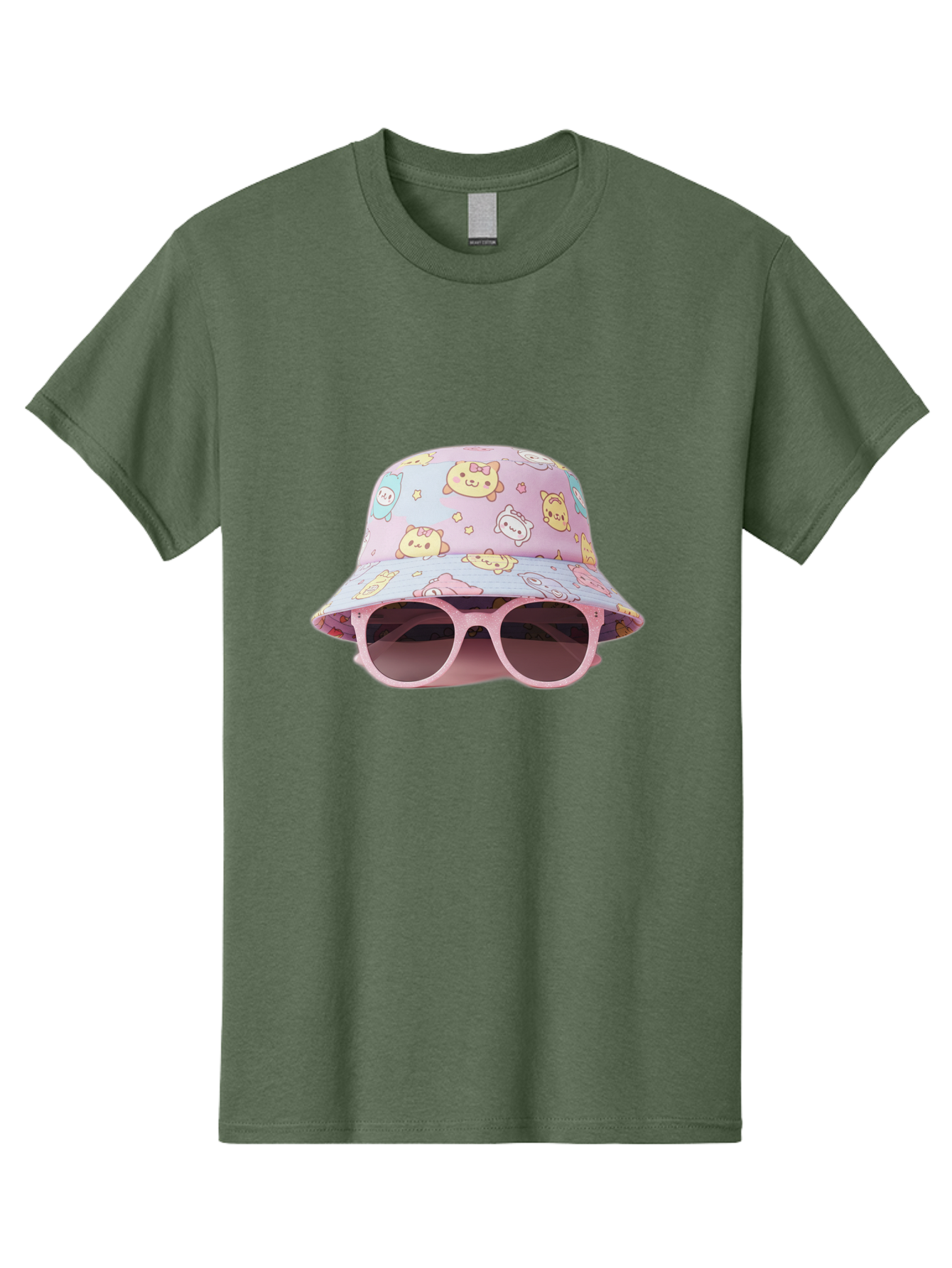 Cartoon-Character-Bucket-Hat Men'S Graphic Tee, 100% Cotton, Comfortable Casual Summer Wear, Machine Washable, Pastel-Colored Hat, Cartoon Characters, Kawaii Fashion, Pink Sunglasses, Trendy Accessories, Cute Design, Fashion Statement, Bac790