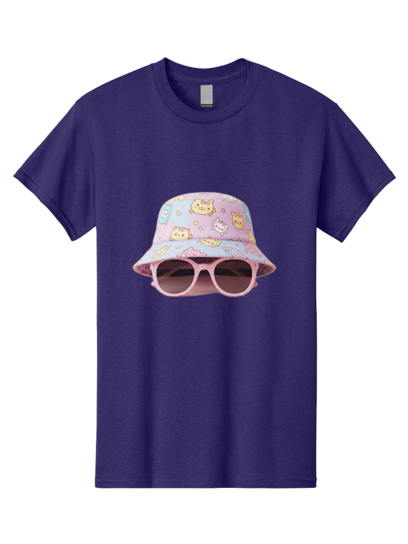 Cartoon-Character-Bucket-Hat Men'S Graphic Tee, 100% Cotton, Comfortable Casual Summer Wear, Machine Washable, Pastel-Colored Hat, Cartoon Characters, Kawaii Fashion, Pink Sunglasses, Trendy Accessories, Cute Design, Fashion Statement, Bac790