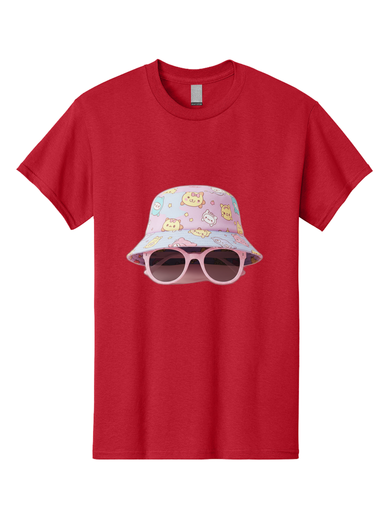 Cartoon-Character-Bucket-Hat Men'S Graphic Tee, 100% Cotton, Comfortable Casual Summer Wear, Machine Washable, Pastel-Colored Hat, Cartoon Characters, Kawaii Fashion, Pink Sunglasses, Trendy Accessories, Cute Design, Fashion Statement, Bac790