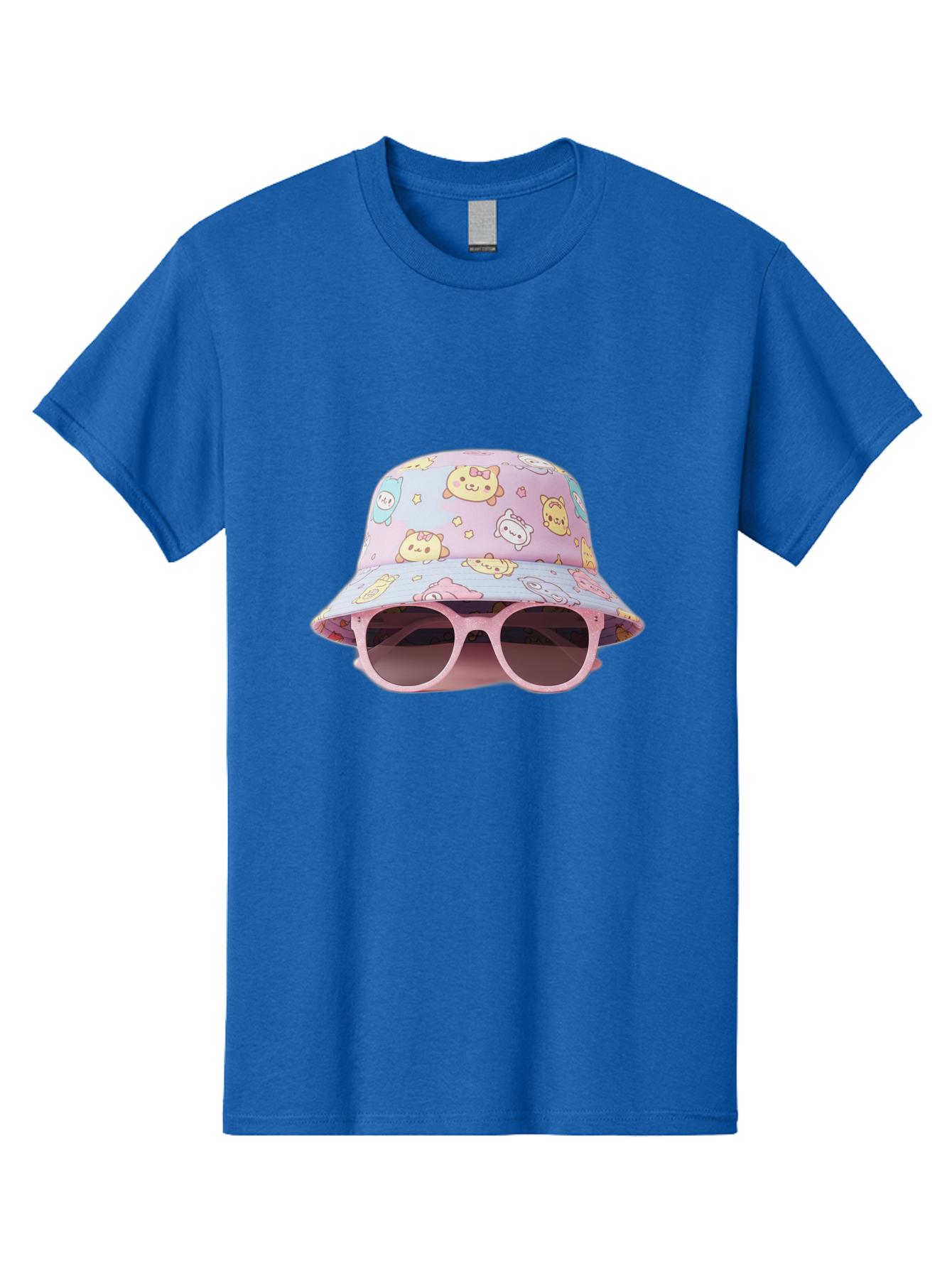 Cartoon-Character-Bucket-Hat Men'S Graphic Tee, 100% Cotton, Comfortable Casual Summer Wear, Machine Washable, Pastel-Colored Hat, Cartoon Characters, Kawaii Fashion, Pink Sunglasses, Trendy Accessories, Cute Design, Fashion Statement, Bac790