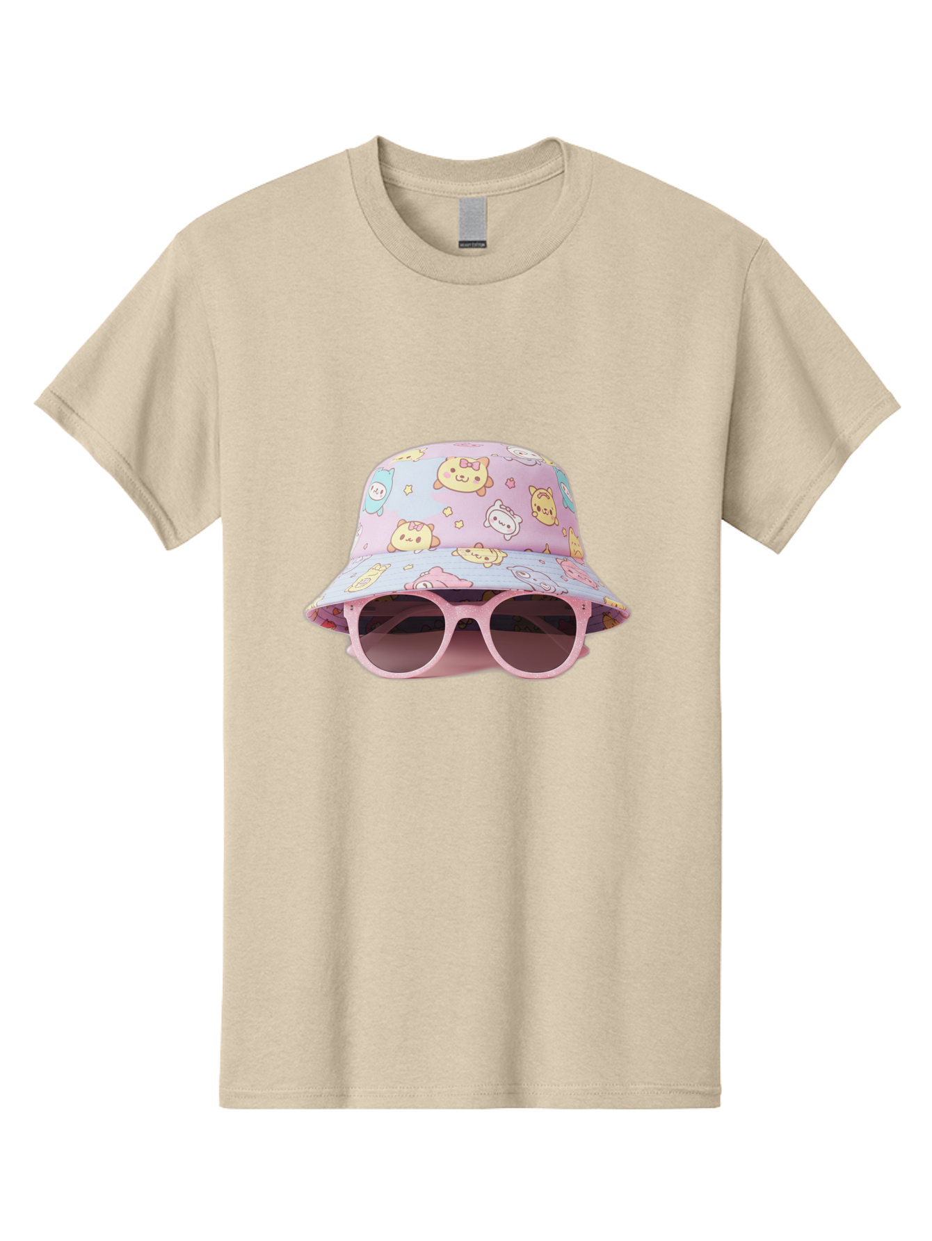 Cartoon-Character-Bucket-Hat Men'S Graphic Tee, 100% Cotton, Comfortable Casual Summer Wear, Machine Washable, Pastel-Colored Hat, Cartoon Characters, Kawaii Fashion, Pink Sunglasses, Trendy Accessories, Cute Design, Fashion Statement, Bac790