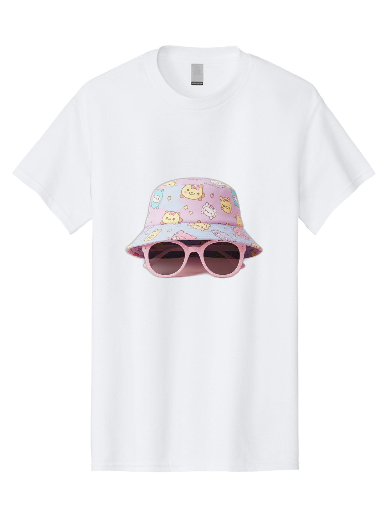 Cartoon-Character-Bucket-Hat Men'S Graphic Tee, 100% Cotton, Comfortable Casual Summer Wear, Machine Washable, Pastel-Colored Hat, Cartoon Characters, Kawaii Fashion, Pink Sunglasses, Trendy Accessories, Cute Design, Fashion Statement, Bac790