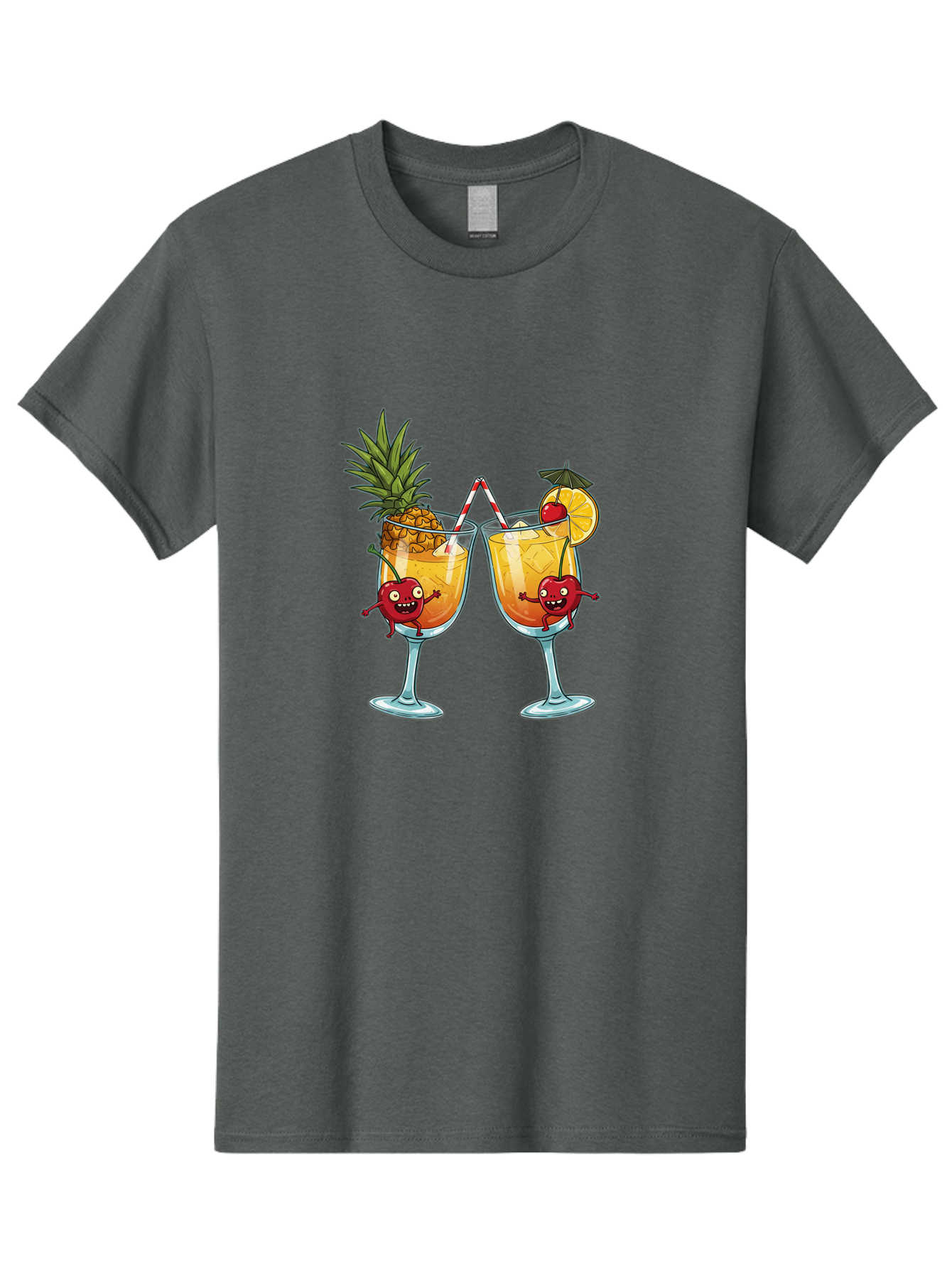 Cartoon-Cocktails Men'S Graphic Tee, 100% Cotton, Comfortable Casual Summer Wear, Machine Washable, Tropical Cocktails, Happy Red Hearts, Cartoon Characters, Pineapple And Orange Garnishes, Striped Straw, Refreshing Drinks, Summertime Vibes, Bac791