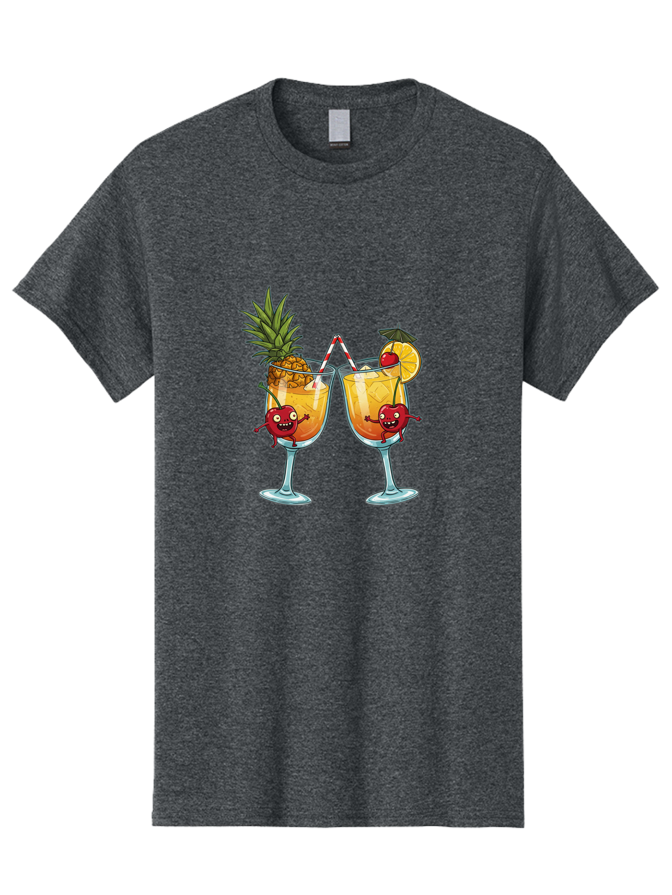 Cartoon-Cocktails Men'S Graphic Tee, 100% Cotton, Comfortable Casual Summer Wear, Machine Washable, Tropical Cocktails, Happy Red Hearts, Cartoon Characters, Pineapple And Orange Garnishes, Striped Straw, Refreshing Drinks, Summertime Vibes, Bac791
