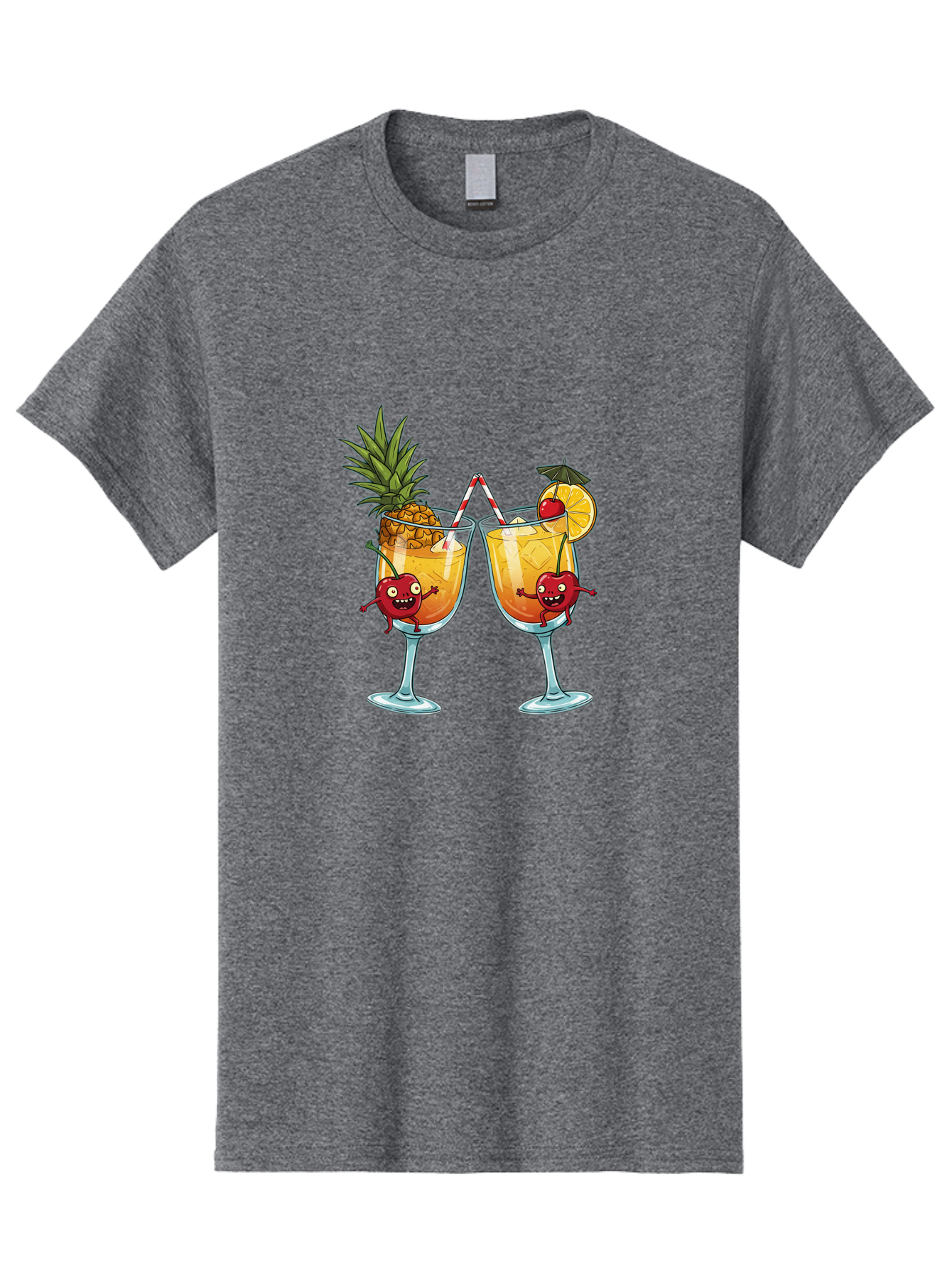 Cartoon-Cocktails Men'S Graphic Tee, 100% Cotton, Comfortable Casual Summer Wear, Machine Washable, Tropical Cocktails, Happy Red Hearts, Cartoon Characters, Pineapple And Orange Garnishes, Striped Straw, Refreshing Drinks, Summertime Vibes, Bac791