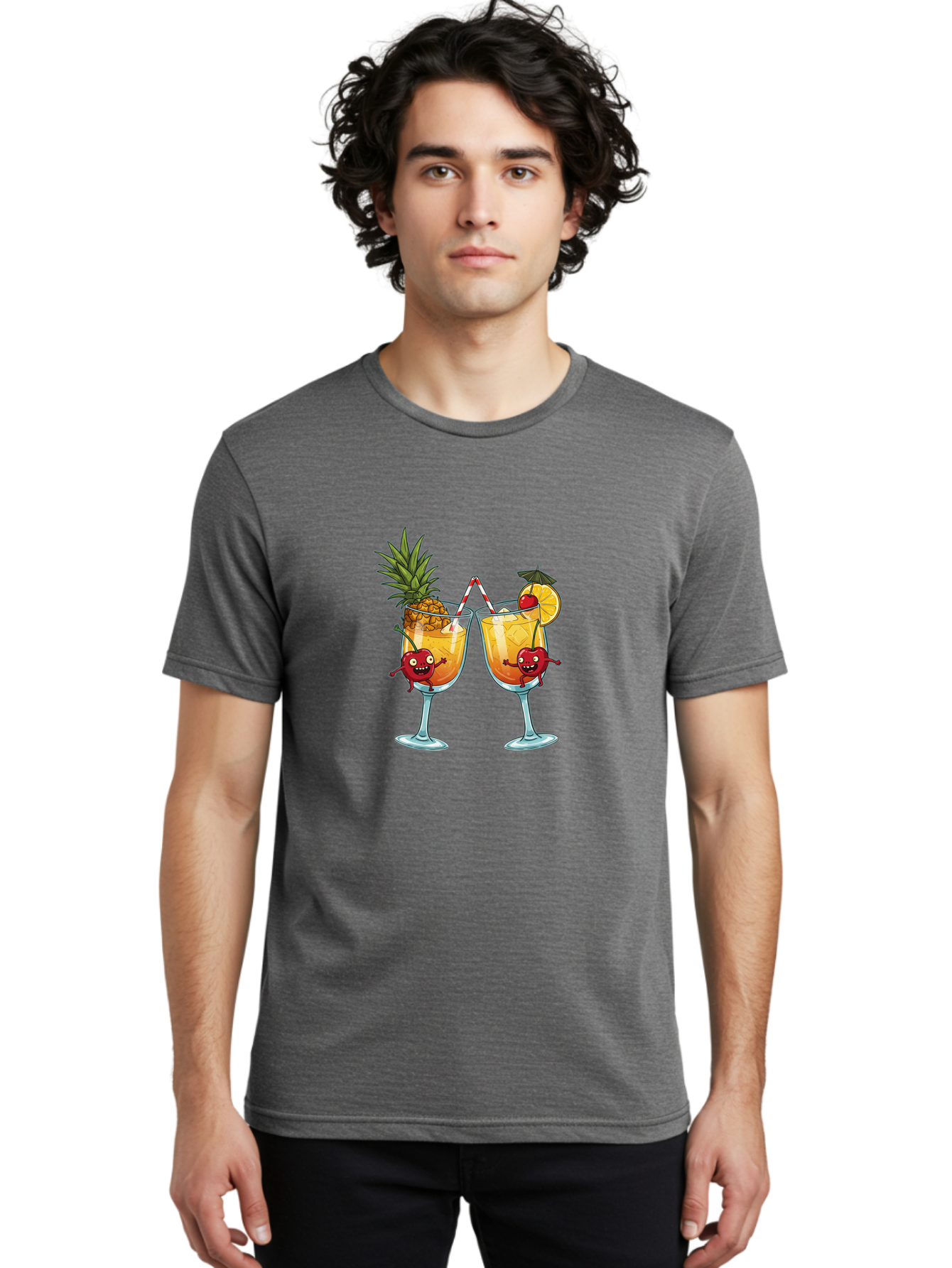 Cartoon-Cocktails Men'S Graphic Tee, 100% Cotton, Comfortable Casual Summer Wear, Machine Washable, Tropical Cocktails, Happy Red Hearts, Cartoon Characters, Pineapple And Orange Garnishes, Striped Straw, Refreshing Drinks, Summertime Vibes, Bac791