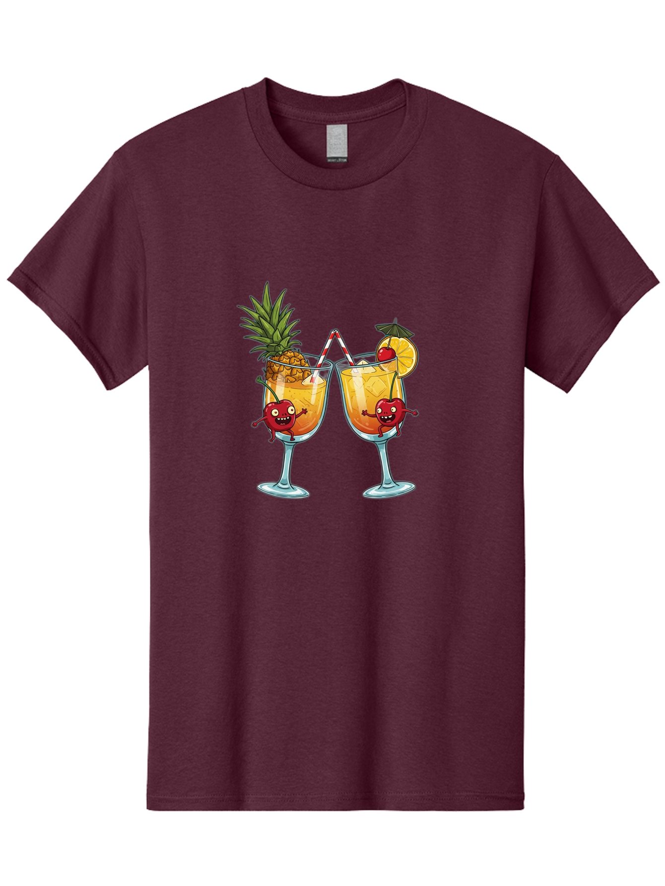 Cartoon-Cocktails Men'S Graphic Tee, 100% Cotton, Comfortable Casual Summer Wear, Machine Washable, Tropical Cocktails, Happy Red Hearts, Cartoon Characters, Pineapple And Orange Garnishes, Striped Straw, Refreshing Drinks, Summertime Vibes, Bac791