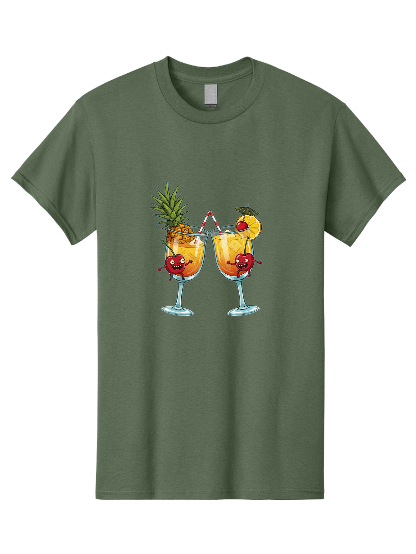 Cartoon-Cocktails Men'S Graphic Tee, 100% Cotton, Comfortable Casual Summer Wear, Machine Washable, Tropical Cocktails, Happy Red Hearts, Cartoon Characters, Pineapple And Orange Garnishes, Striped Straw, Refreshing Drinks, Summertime Vibes, Bac791