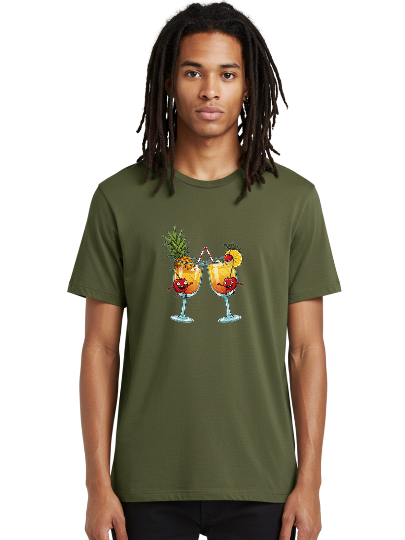 Cartoon-Cocktails Men'S Graphic Tee, 100% Cotton, Comfortable Casual Summer Wear, Machine Washable, Tropical Cocktails, Happy Red Hearts, Cartoon Characters, Pineapple And Orange Garnishes, Striped Straw, Refreshing Drinks, Summertime Vibes, Bac791