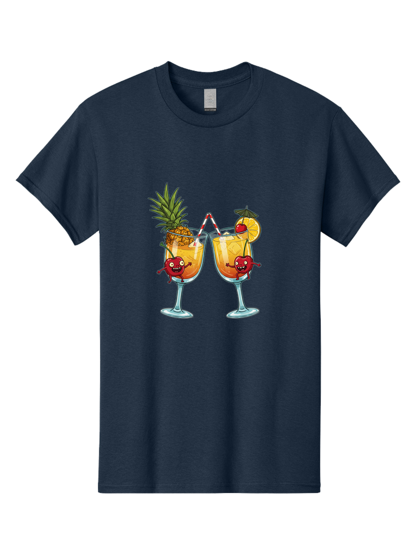 Cartoon-Cocktails Men'S Graphic Tee, 100% Cotton, Comfortable Casual Summer Wear, Machine Washable, Tropical Cocktails, Happy Red Hearts, Cartoon Characters, Pineapple And Orange Garnishes, Striped Straw, Refreshing Drinks, Summertime Vibes, Bac791