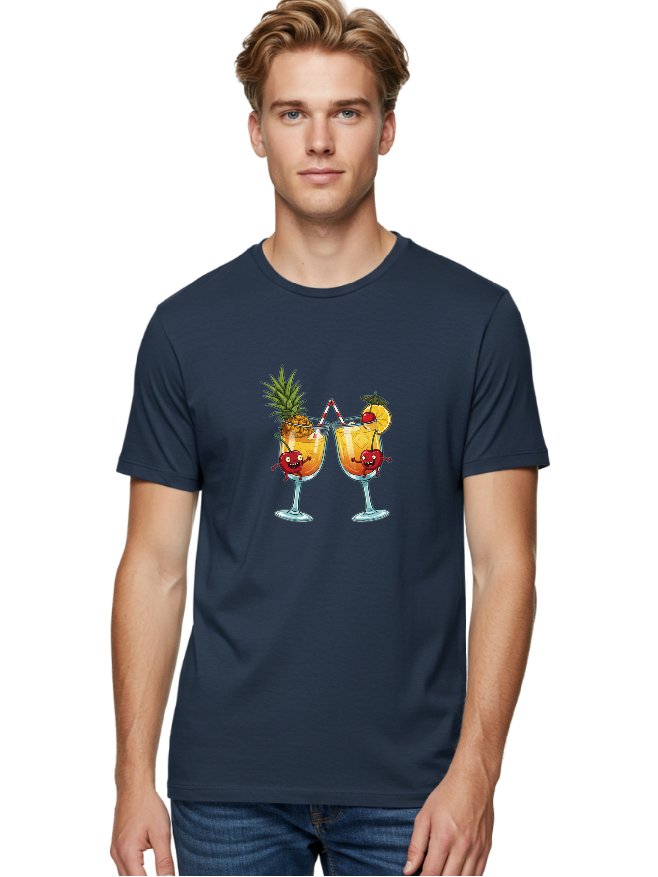Cartoon-Cocktails Men'S Graphic Tee, 100% Cotton, Comfortable Casual Summer Wear, Machine Washable, Tropical Cocktails, Happy Red Hearts, Cartoon Characters, Pineapple And Orange Garnishes, Striped Straw, Refreshing Drinks, Summertime Vibes, Bac791