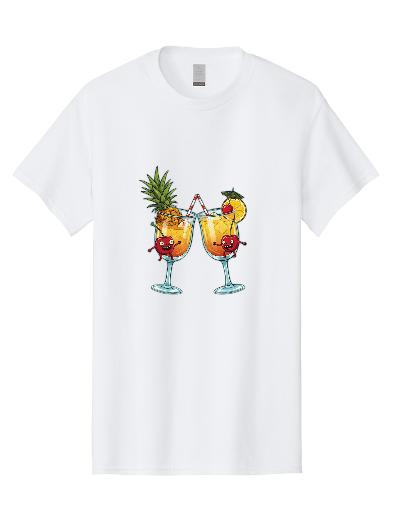 Cartoon-Cocktails Men'S Graphic Tee, 100% Cotton, Comfortable Casual Summer Wear, Machine Washable, Tropical Cocktails, Happy Red Hearts, Cartoon Characters, Pineapple And Orange Garnishes, Striped Straw, Refreshing Drinks, Summertime Vibes, Bac791