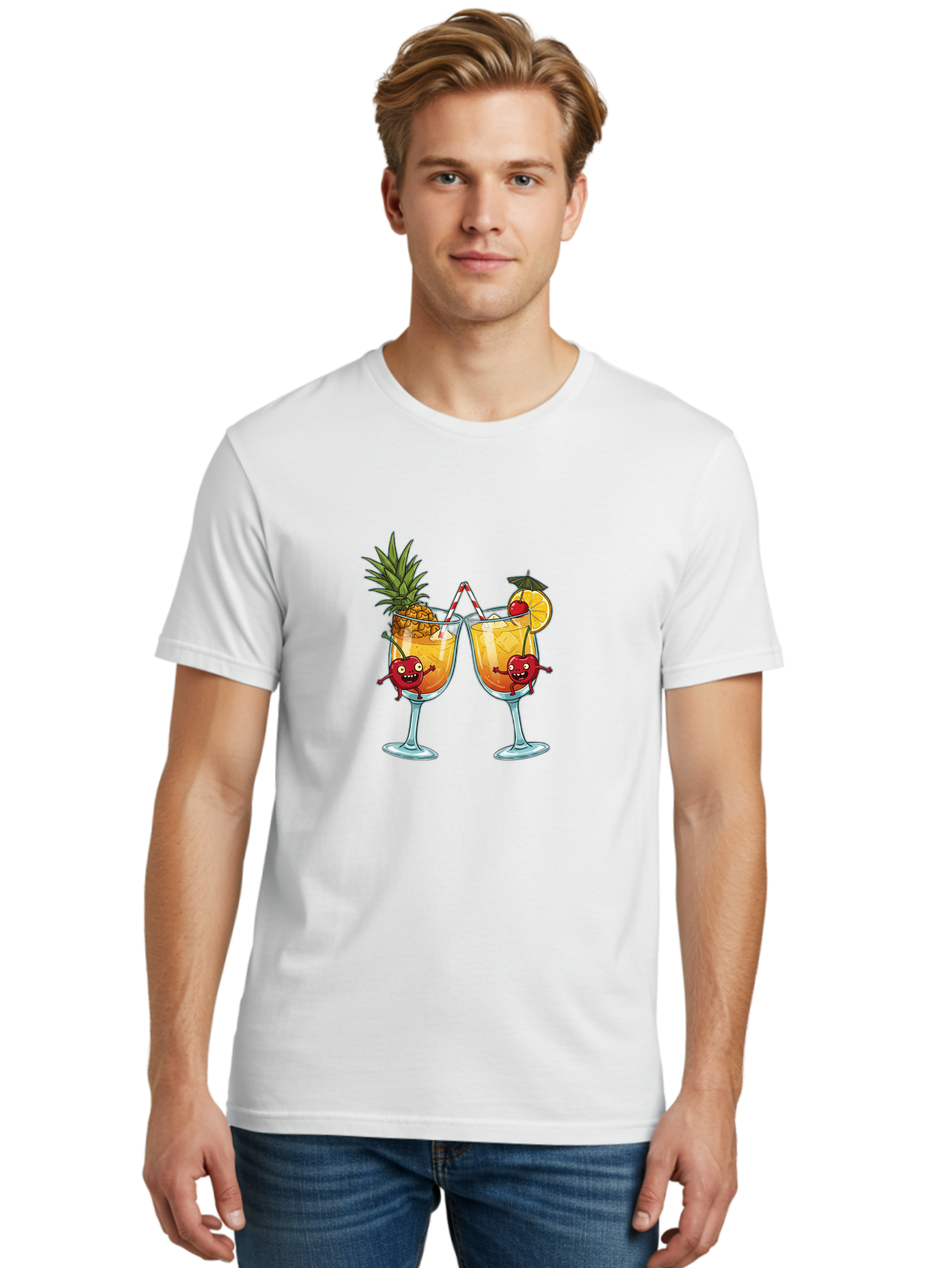 Cartoon-Cocktails Men'S Graphic Tee, 100% Cotton, Comfortable Casual Summer Wear, Machine Washable, Tropical Cocktails, Happy Red Hearts, Cartoon Characters, Pineapple And Orange Garnishes, Striped Straw, Refreshing Drinks, Summertime Vibes, Bac791