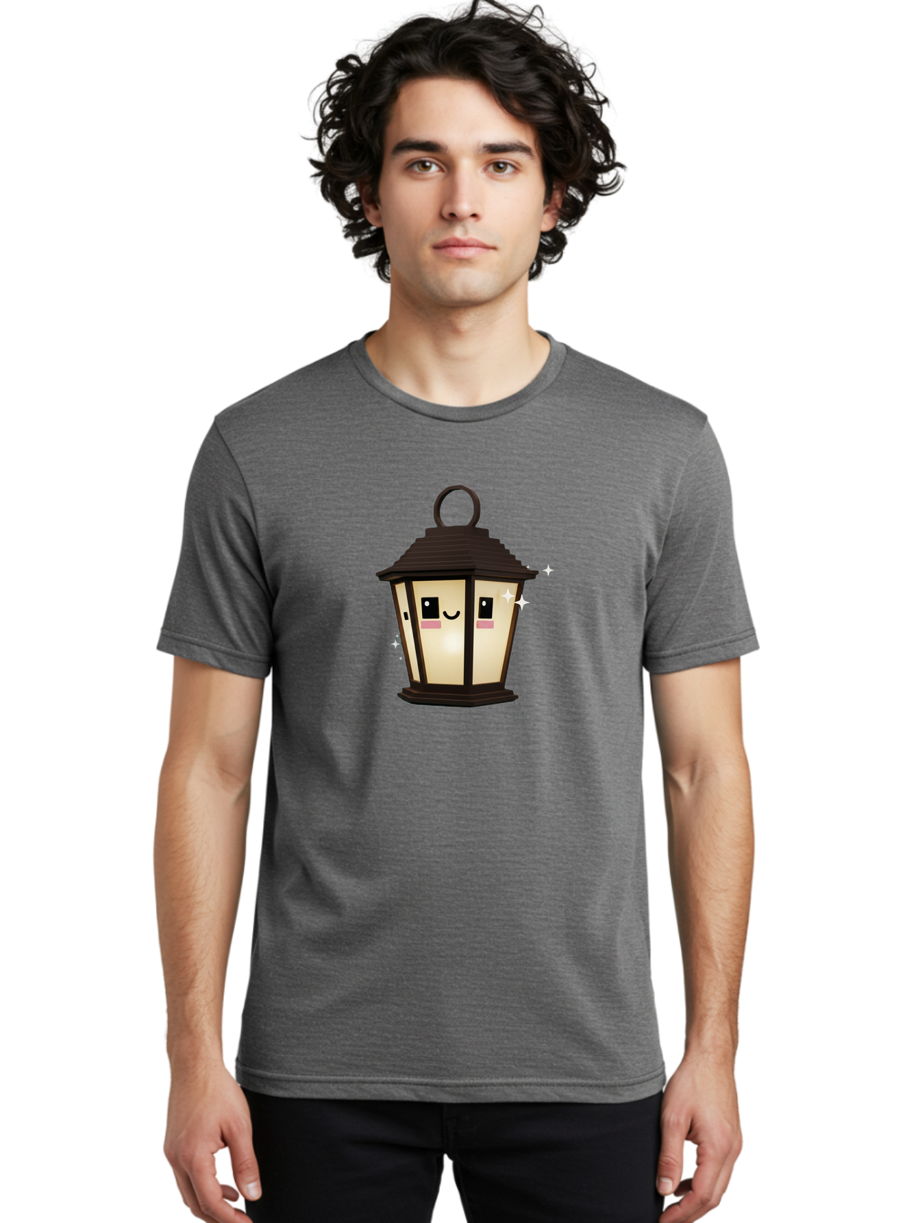 Cartoon-Lantern Men'S Graphic Tee, 100% Cotton, Comfortable Casual Summer Wear, Machine Washable, Cute Lantern, Smiling Face, Glowing Light, Magical Sparks, Kawaii Character, Charming Decoration, Happy Expression, Whimsical Design Bac792