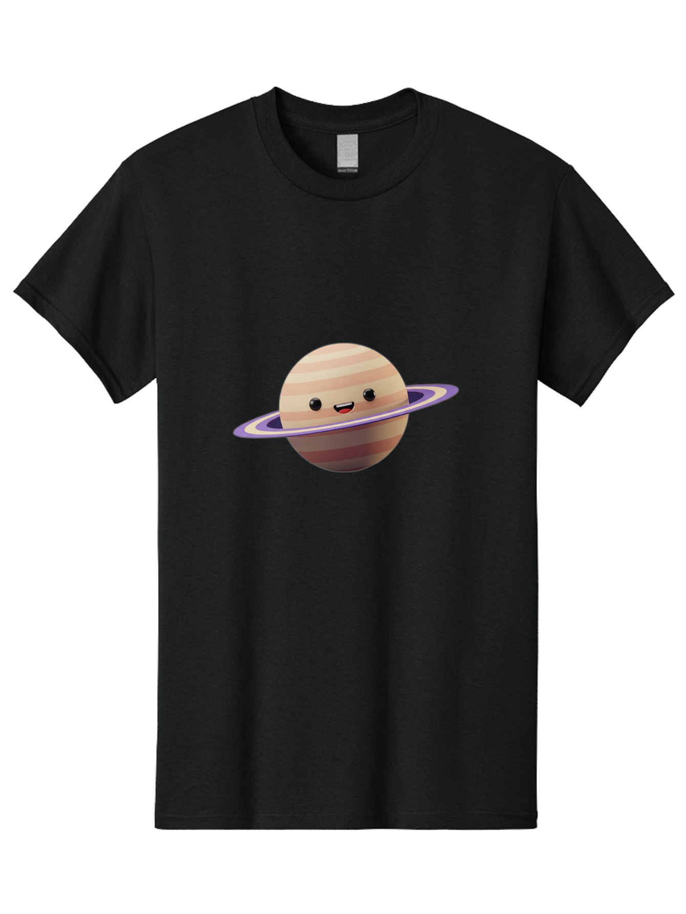Cartoon-Saturn Men'S Graphic Tee, 100% Cotton, Comfortable Casual Summer Wear, Machine Washable, Cartoon Planet, Smiling Face, Saturn-Like Planet, Cute Illustration, Galaxy Character, Purple Ring, Beige And Brown Stripes, Funny Expression, Bac793