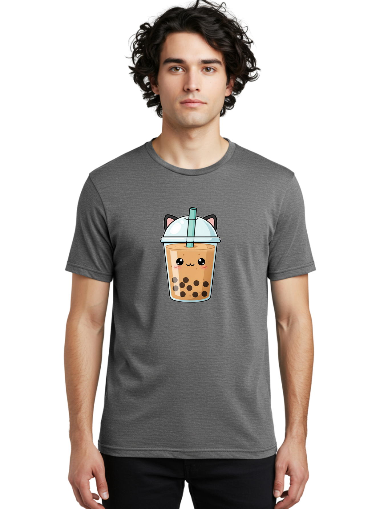 Cat-Bubble-Tea-1 Men'S Graphic Tee, 100% Cotton, Comfortable Casual Summer Wear, Machine Washable, Boba Tea, Cartoon Cat, Cute Drink, Bubble Tea, Adorable Character, Kawaii Culture, Tea Time, Fun Illustration, Milk Tea, Sweet Treat, Cat Ears, Bac795