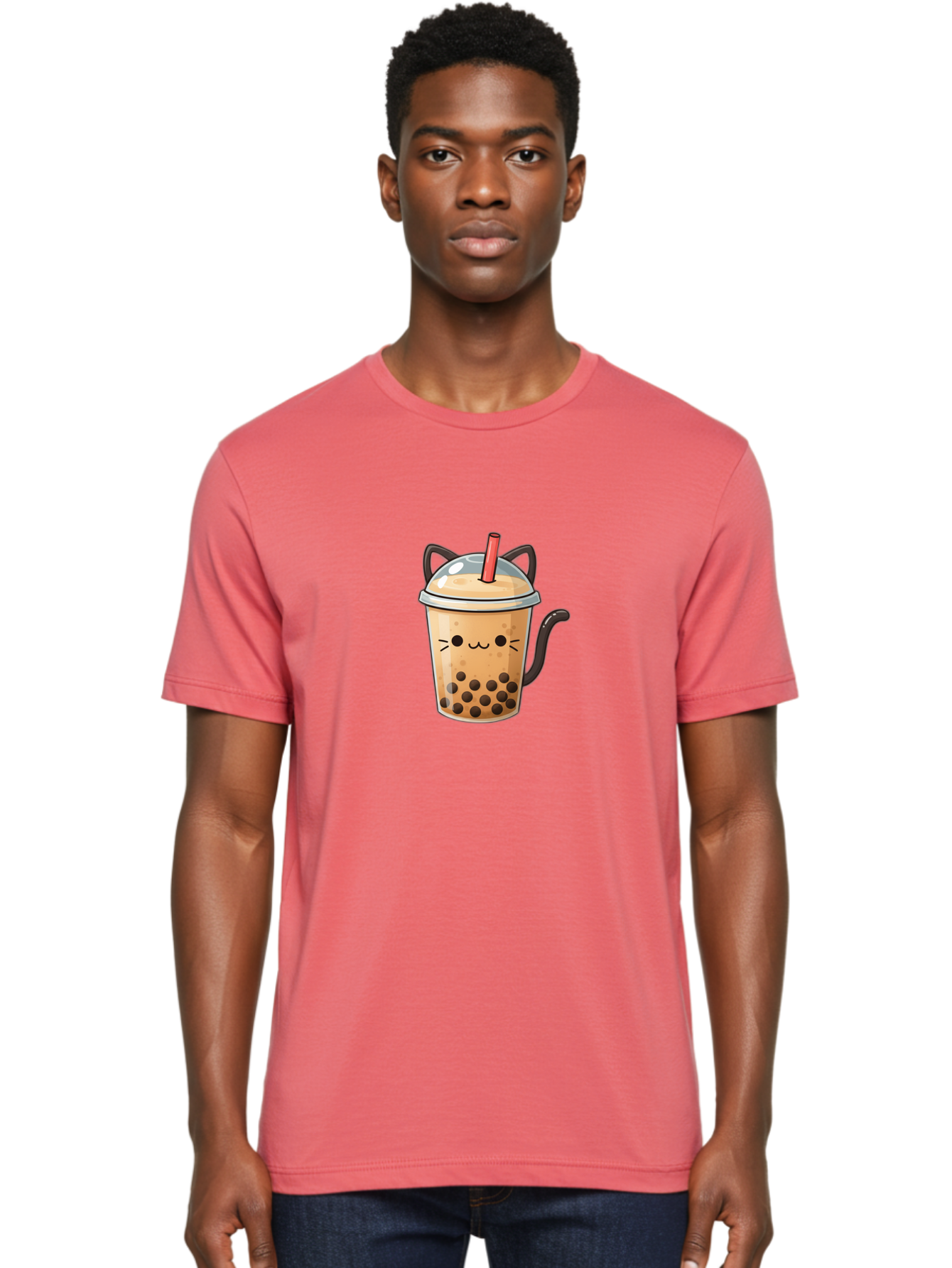 Cat-Bubble-Tea Men'S Graphic Tee, 100% Cotton, Comfortable Casual Summer Wear, Machine Washable, Boba Tea, Bubble Tea, Kawaii Cat, Cute Cat Face, Milk Tea, Tapioca Pearls, Adorable Design, Cartoon Style, Cat Ears, Straw, Bac798
