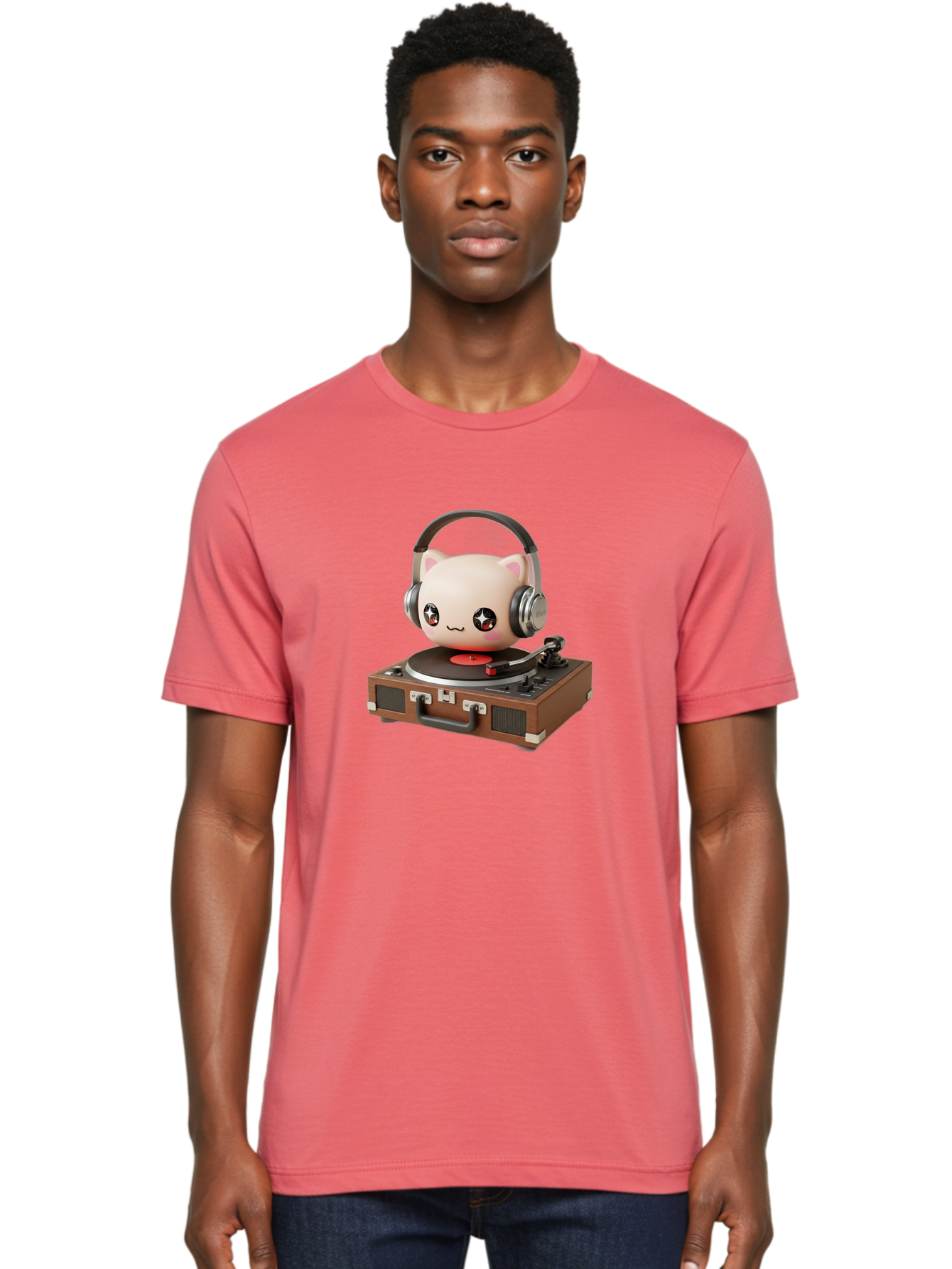 Cat-Headphones-Dj Men'S Graphic Tee, 100% Cotton, Comfortable Casual Summer Wear, Machine Washable, Cute Cat Head, Record Player, Vinyl Record, Headphones, Music Lover, Dj Cat, Retro Style, Nostalgic Vibe, Kawaii Culture, Cartoon Character Bac800