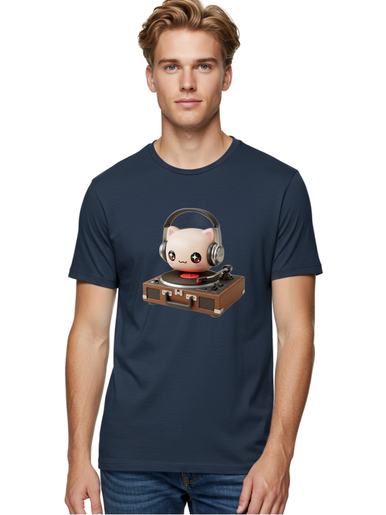 Cat-Headphones-Dj Men'S Graphic Tee, 100% Cotton, Comfortable Casual Summer Wear, Machine Washable, Cute Cat Head, Record Player, Vinyl Record, Headphones, Music Lover, Dj Cat, Retro Style, Nostalgic Vibe, Kawaii Culture, Cartoon Character Bac800