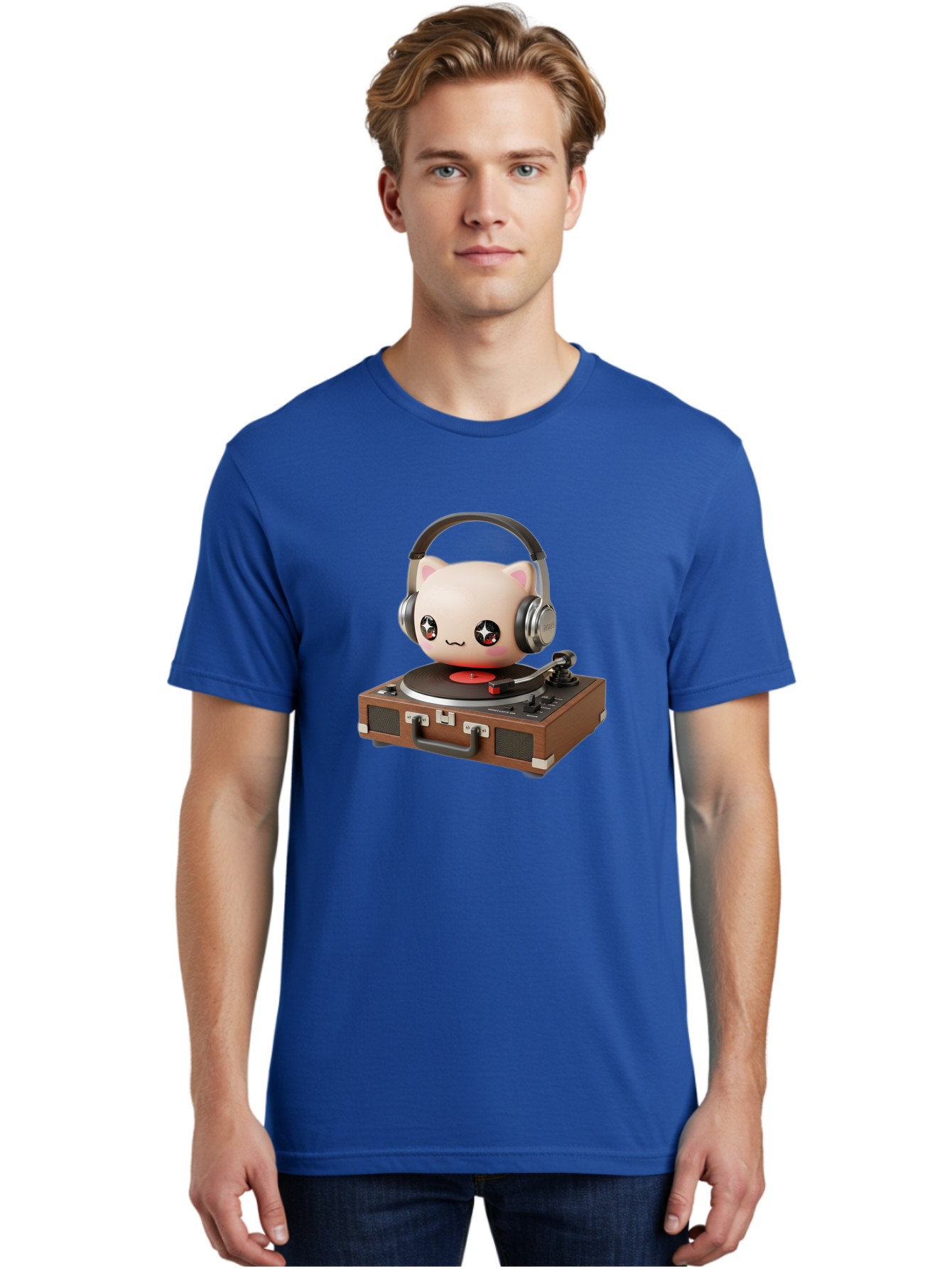 Cat-Headphones-Dj Men'S Graphic Tee, 100% Cotton, Comfortable Casual Summer Wear, Machine Washable, Cute Cat Head, Record Player, Vinyl Record, Headphones, Music Lover, Dj Cat, Retro Style, Nostalgic Vibe, Kawaii Culture, Cartoon Character Bac800