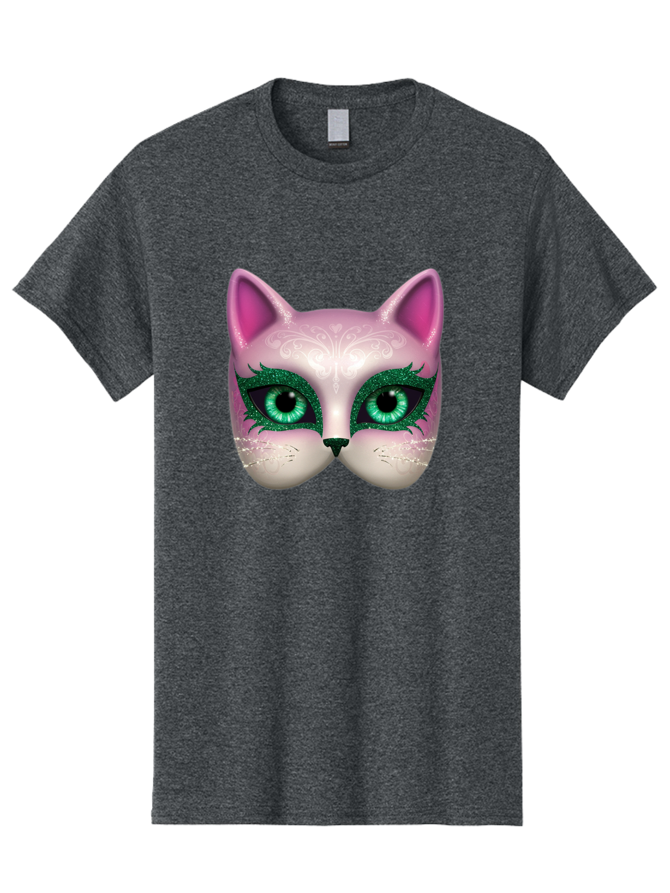 Cat-Mask Men'S Graphic Tee, 100% Cotton, Comfortable Casual Summer Wear, Machine Washable, Pink Cat Face, Gemstone Eyes, Green Mascara, Floral Design, Pretty Kitty, Cute Cat Illustration, Glamorous Cat Eyes, Festive Cat Mask, Creative Cat Art, Bac801