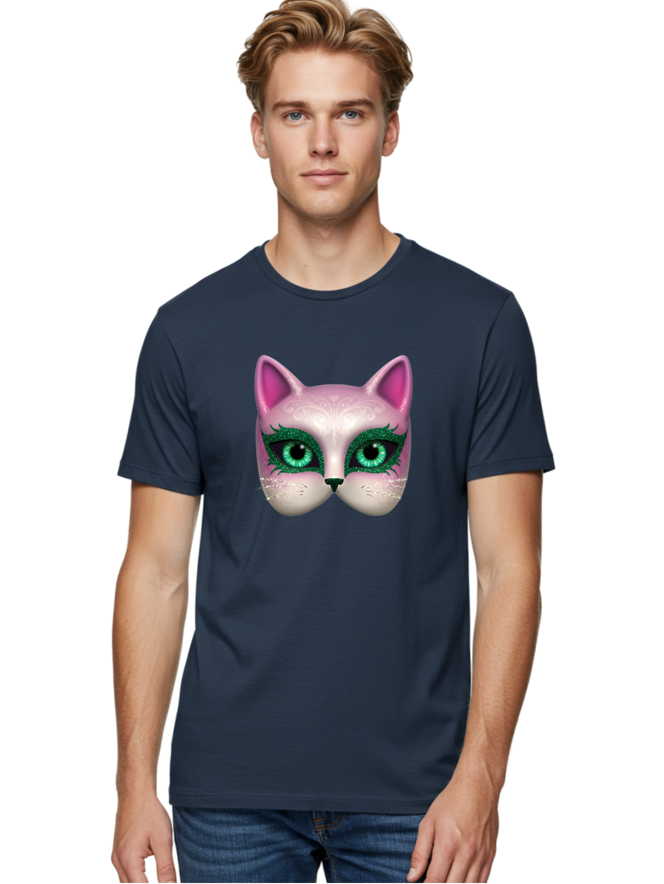 Cat-Mask Men'S Graphic Tee, 100% Cotton, Comfortable Casual Summer Wear, Machine Washable, Pink Cat Face, Gemstone Eyes, Green Mascara, Floral Design, Pretty Kitty, Cute Cat Illustration, Glamorous Cat Eyes, Festive Cat Mask, Creative Cat Art, Bac801