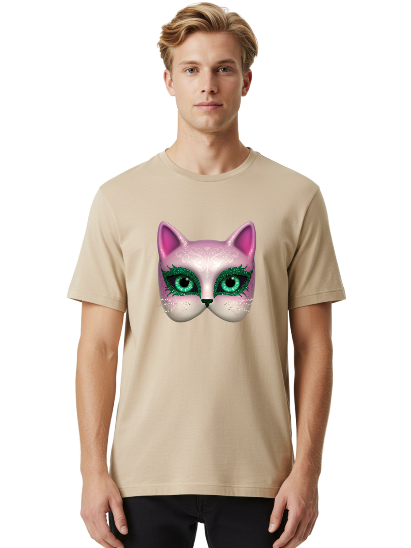 Cat-Mask Men'S Graphic Tee, 100% Cotton, Comfortable Casual Summer Wear, Machine Washable, Pink Cat Face, Gemstone Eyes, Green Mascara, Floral Design, Pretty Kitty, Cute Cat Illustration, Glamorous Cat Eyes, Festive Cat Mask, Creative Cat Art, Bac801