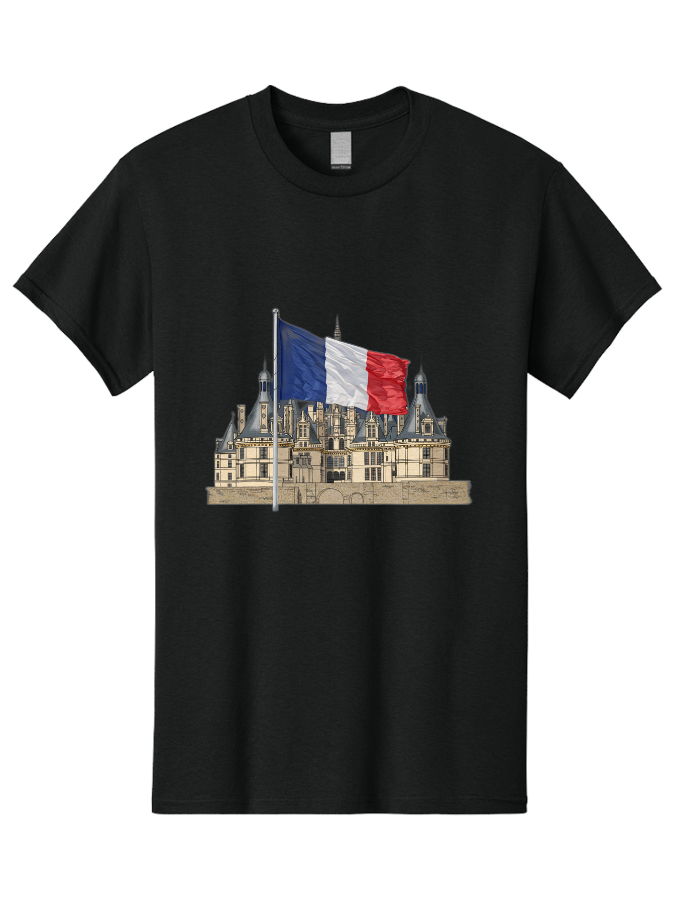 Chateau-De-Chambord Men'S Graphic Tee, 100% Cotton, Comfortable Casual Summer Wear, Machine Washable, French Flag Waving, Historic Chateau, European Architecture, French Heritage, National Pride, Cultural Significance, France Tourism Bac802