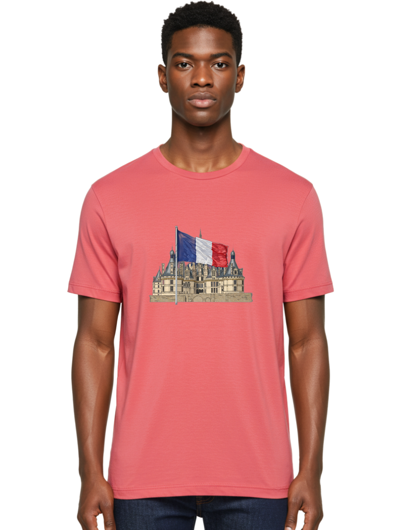 Chateau-De-Chambord Men'S Graphic Tee, 100% Cotton, Comfortable Casual Summer Wear, Machine Washable, French Flag Waving, Historic Chateau, European Architecture, French Heritage, National Pride, Cultural Significance, France Tourism Bac802