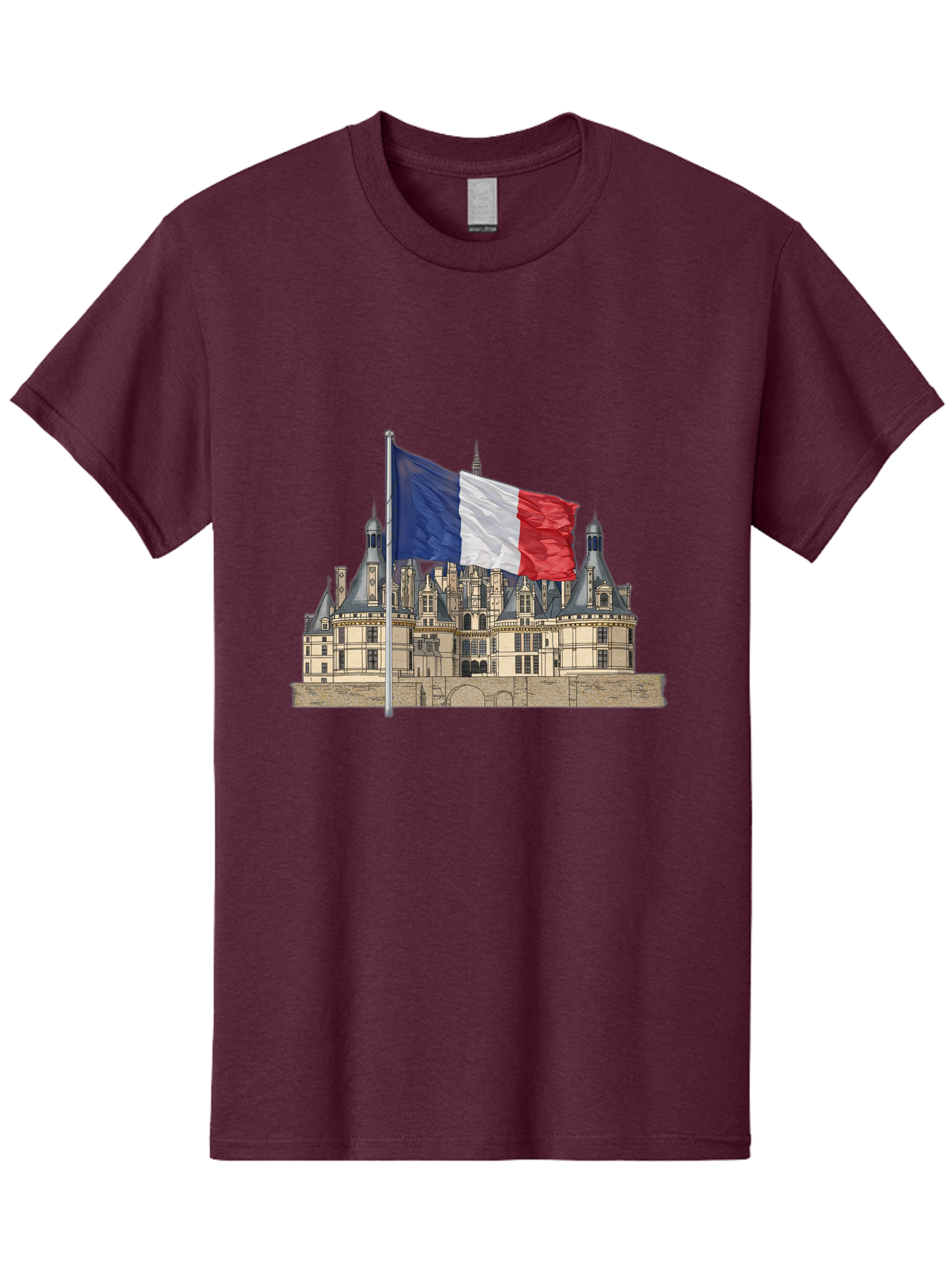 Chateau-De-Chambord Men'S Graphic Tee, 100% Cotton, Comfortable Casual Summer Wear, Machine Washable, French Flag Waving, Historic Chateau, European Architecture, French Heritage, National Pride, Cultural Significance, France Tourism Bac802
