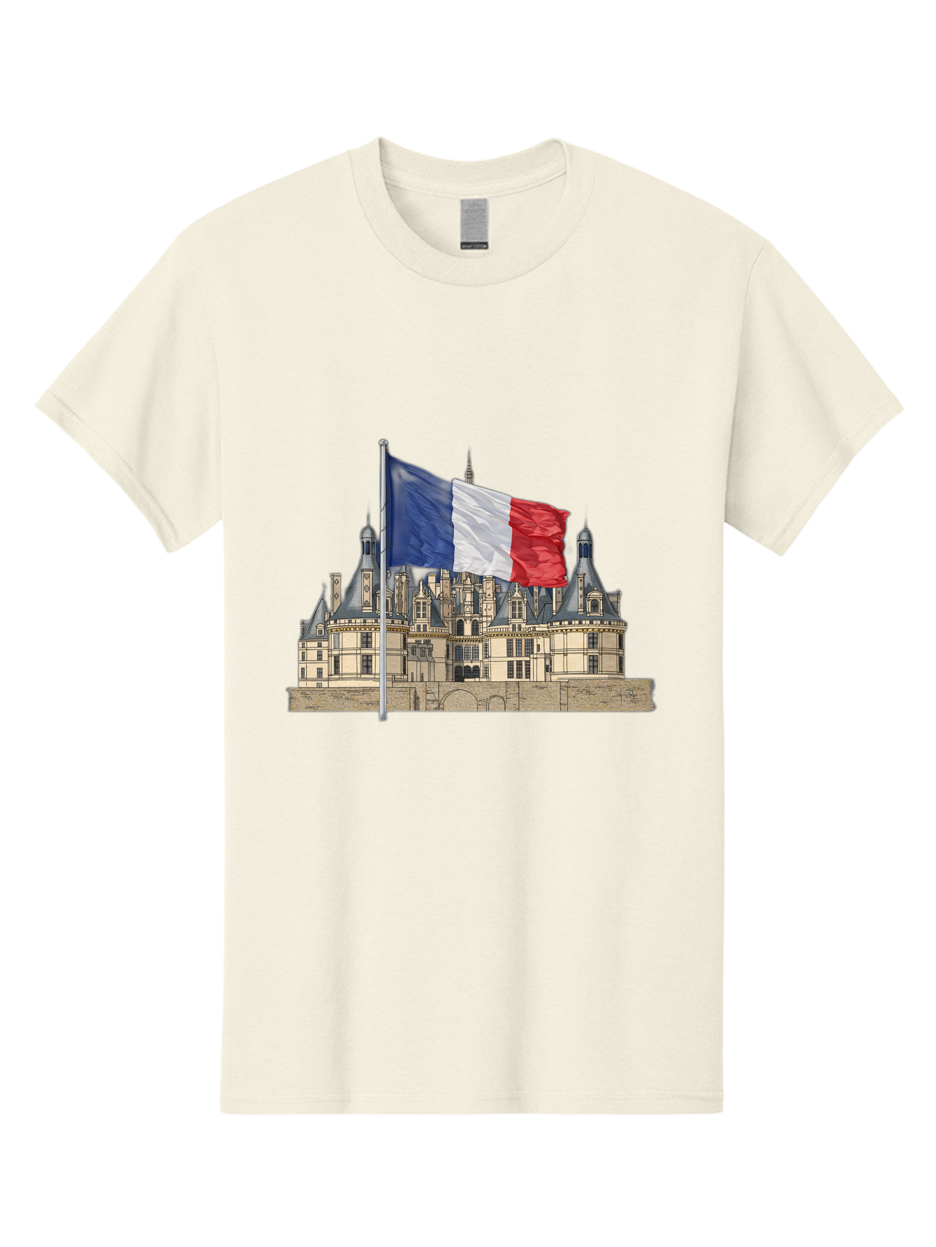 Chateau-De-Chambord Men'S Graphic Tee, 100% Cotton, Comfortable Casual Summer Wear, Machine Washable, French Flag Waving, Historic Chateau, European Architecture, French Heritage, National Pride, Cultural Significance, France Tourism Bac802