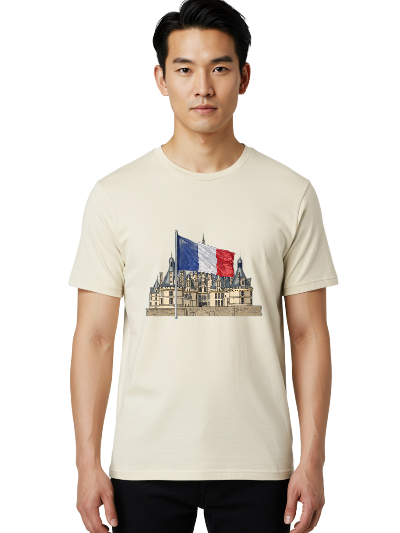 Chateau-De-Chambord Men'S Graphic Tee, 100% Cotton, Comfortable Casual Summer Wear, Machine Washable, French Flag Waving, Historic Chateau, European Architecture, French Heritage, National Pride, Cultural Significance, France Tourism Bac802